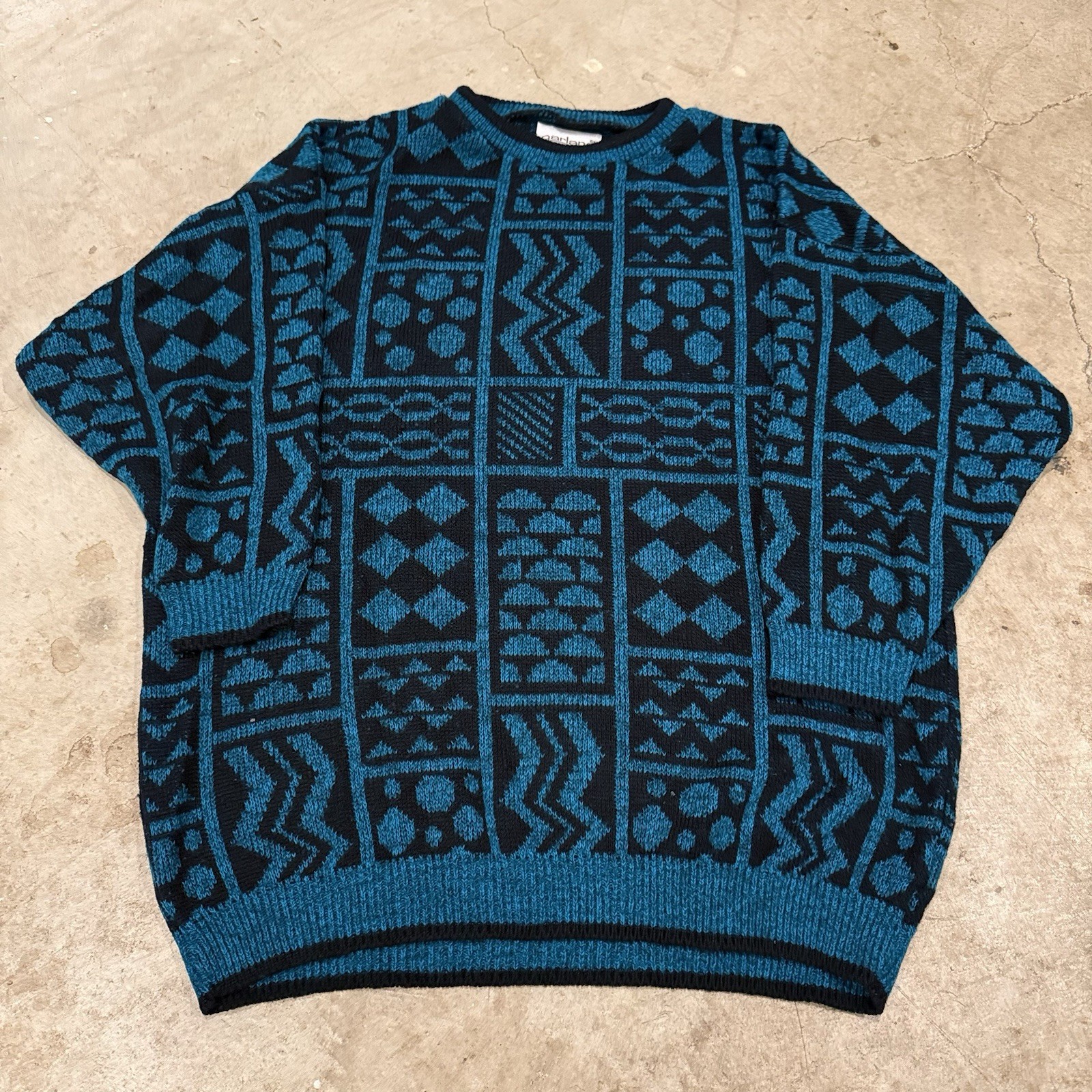 Vtg Sweater Sz Medium Teal Blue Black 80&rsquo;s Geometric Coogie Style Cosby