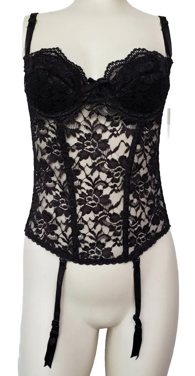 Vintage Lover&rsquo;s Lane Black Lace Bustier Corset Top w/ Garters Size 36 Glam Rock