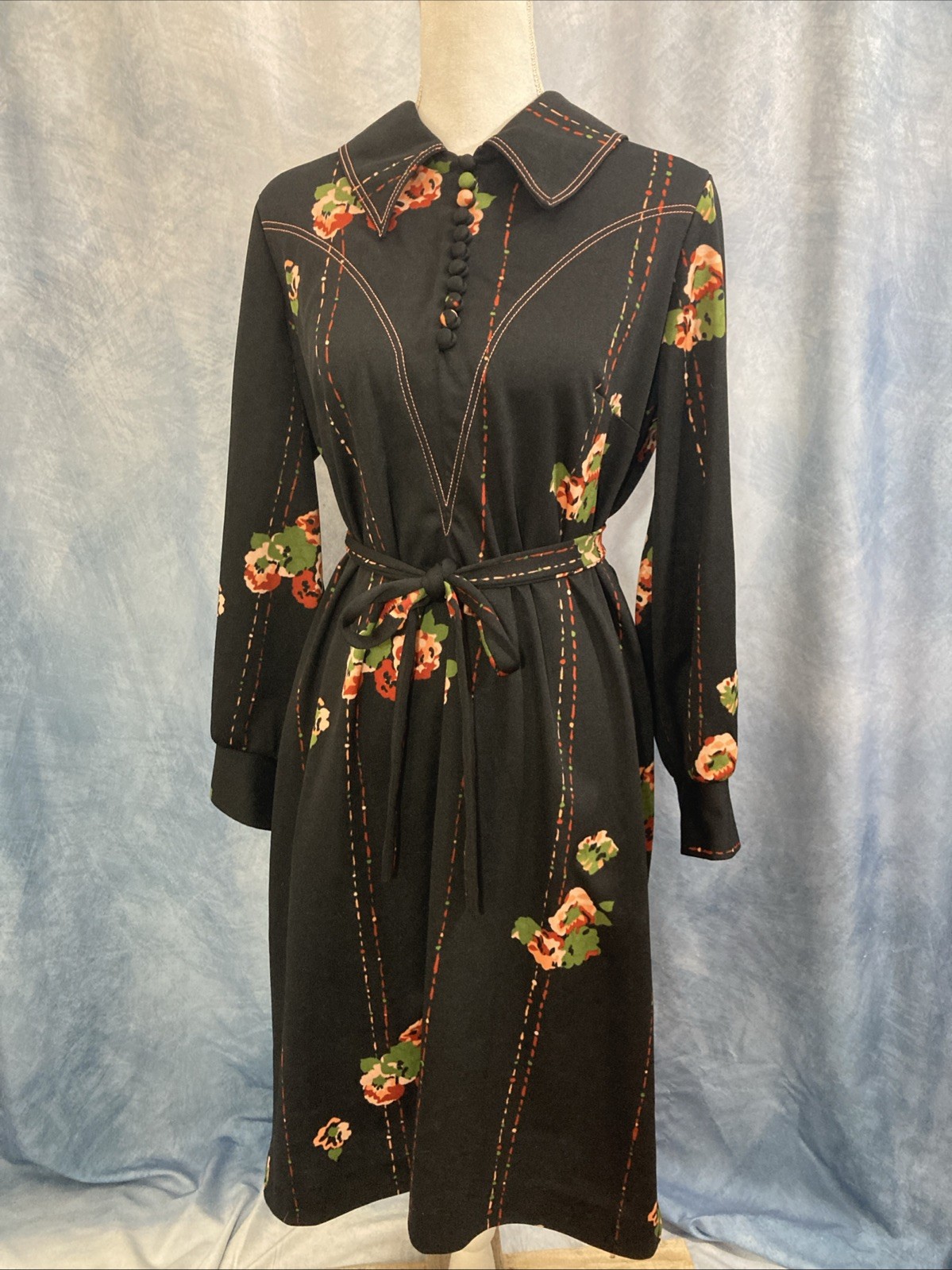 Vintage 1970s CLOVIS RUFFIN Ruffinwear Dress Western Dark Floral Jersey Knit