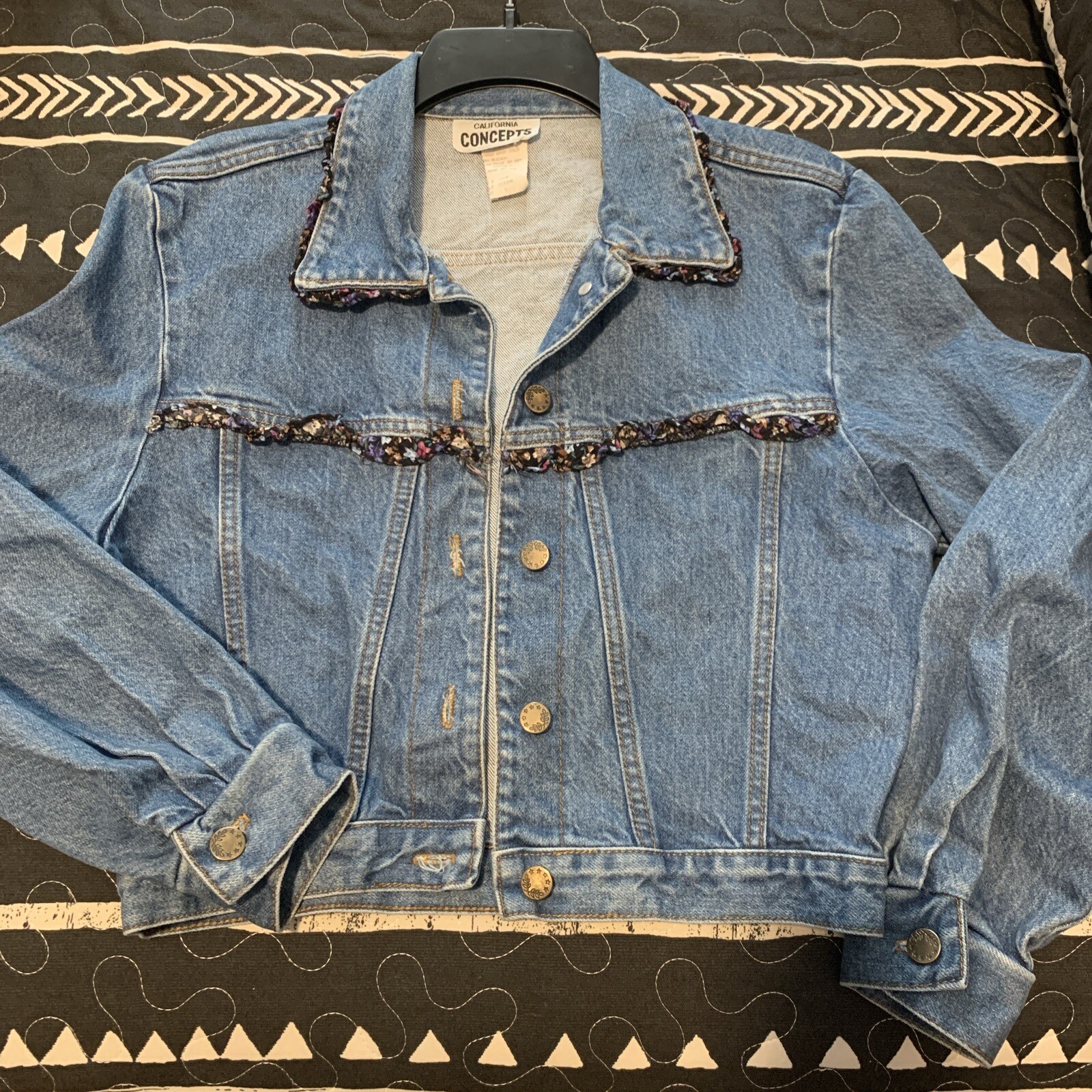 Vintage California Concepts Denim Jacket 80s 90s Romantic Ruffle Trim Crop Sz S