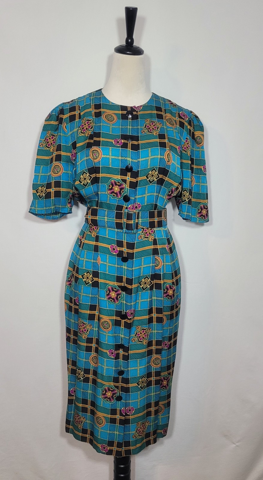 1980s Vintage Adrianna Papell Teal Print 100% Silk with belt