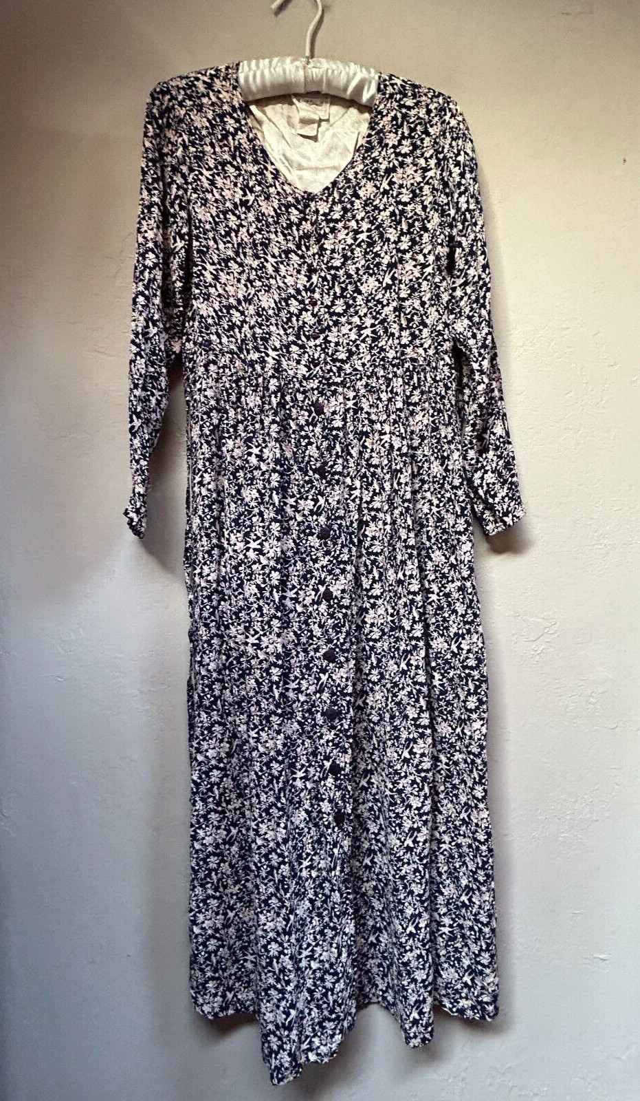 April Cornell Vintage Floral Midi Dress XS Navy Brown Long Sleeve Button Boho