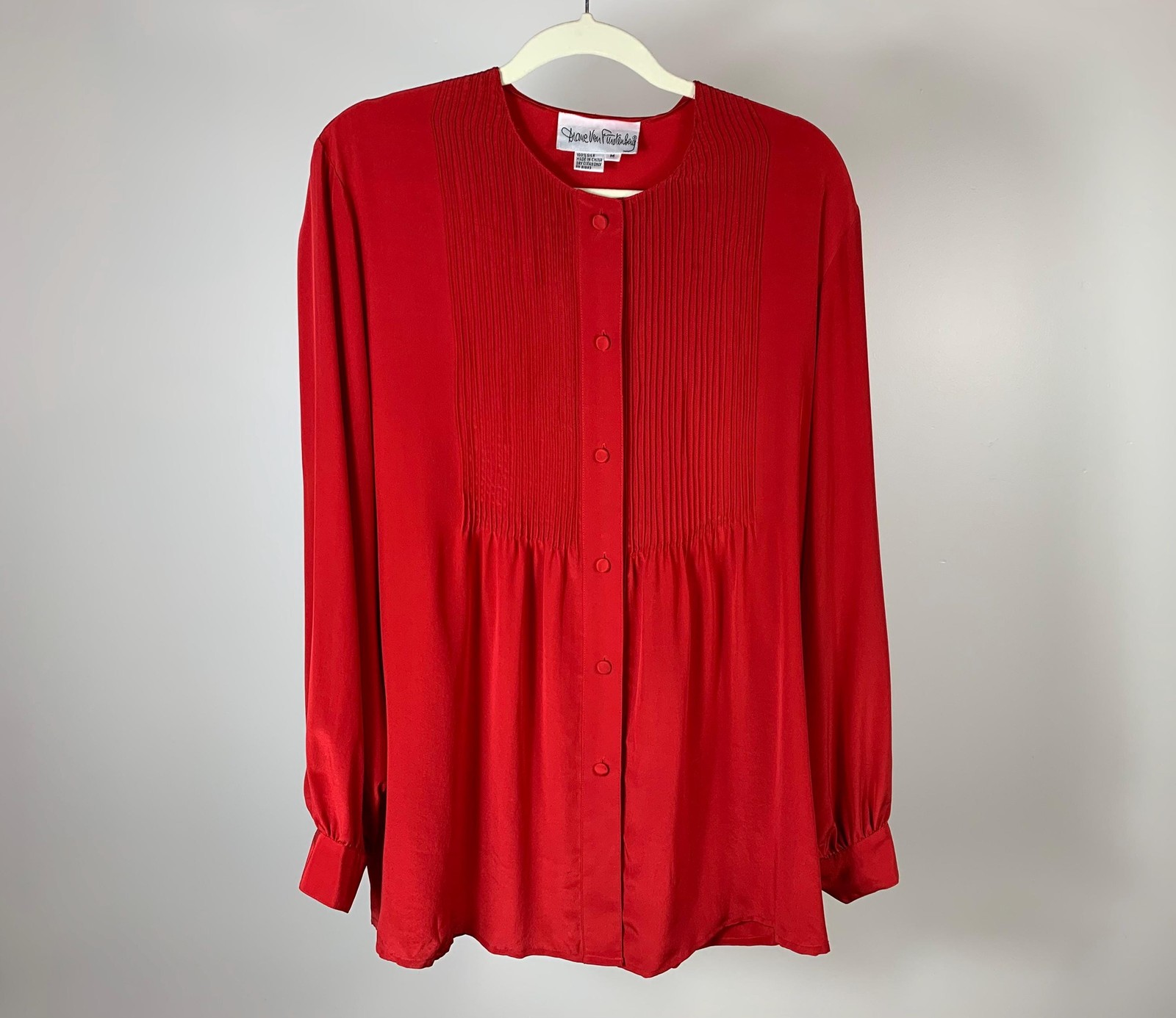 Vintage 80s/90s Diane Von Furstenburg DVF Red Silk Pintuck Blouse Women&rsquo;s Medium