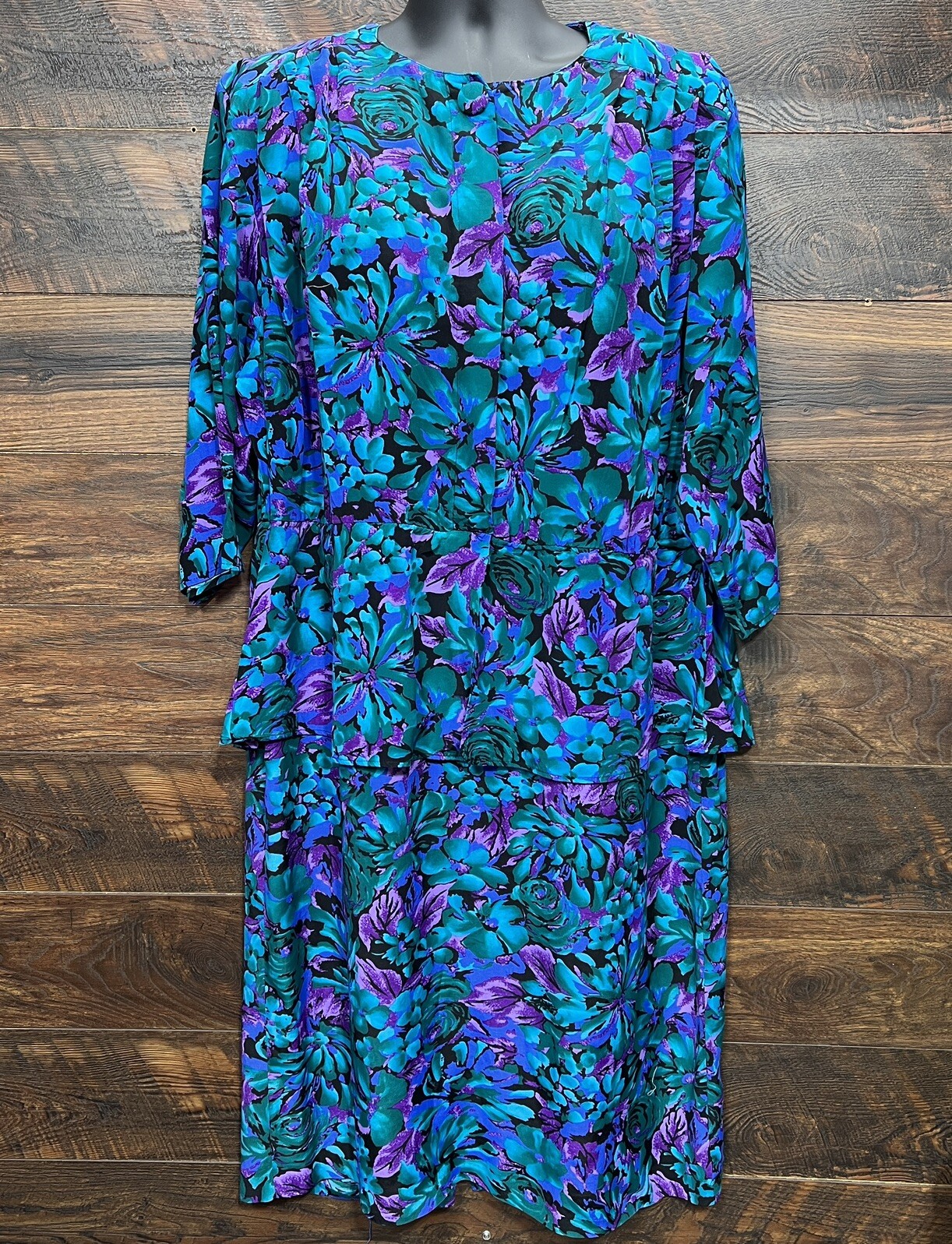 Sally III Vgt Dress 1980 Size 24 Black Teal Purple Floral Rayon Button Front