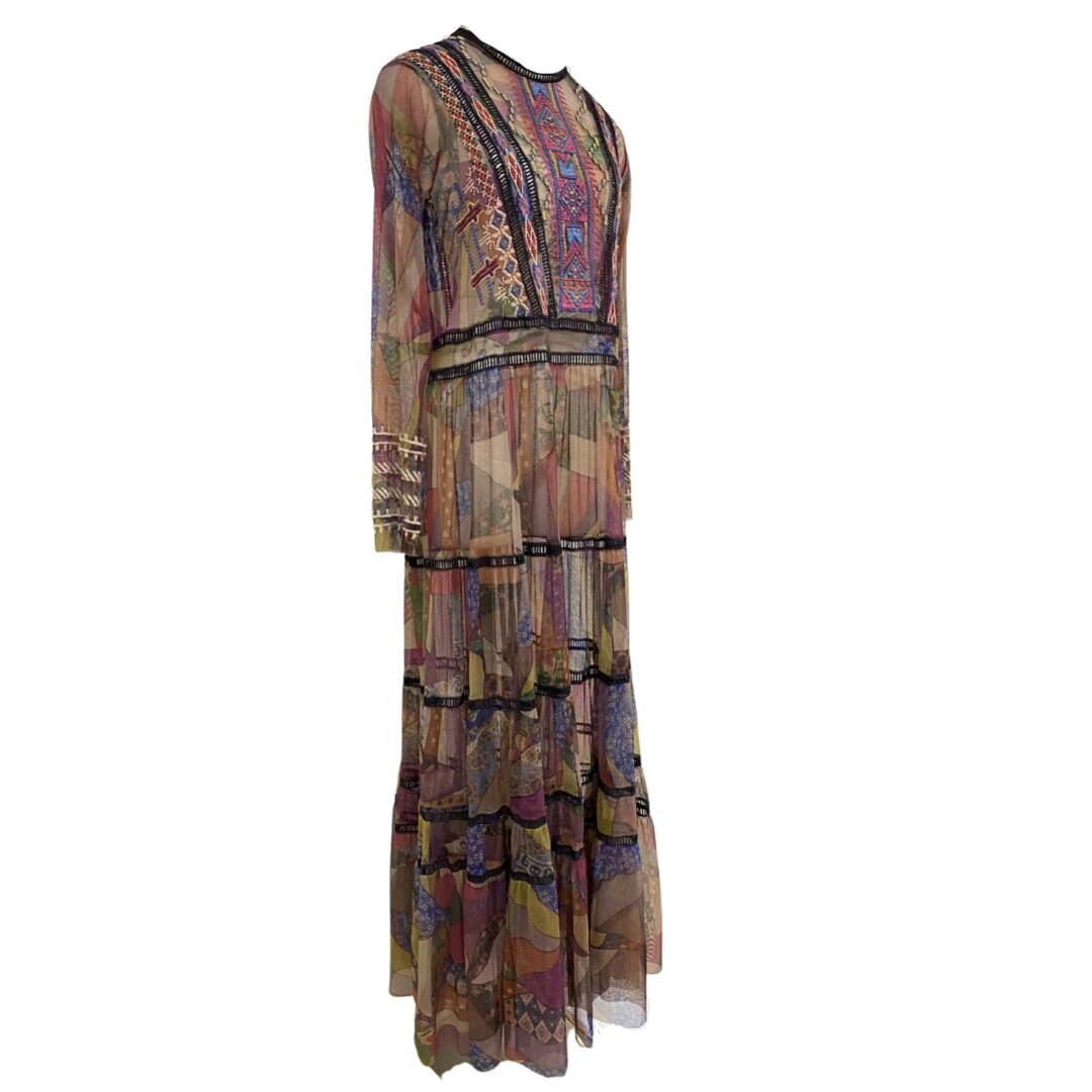 Johnny Was Biya Romantic Embroidered Boho Bohemian Tiered Printed Gervase Dress