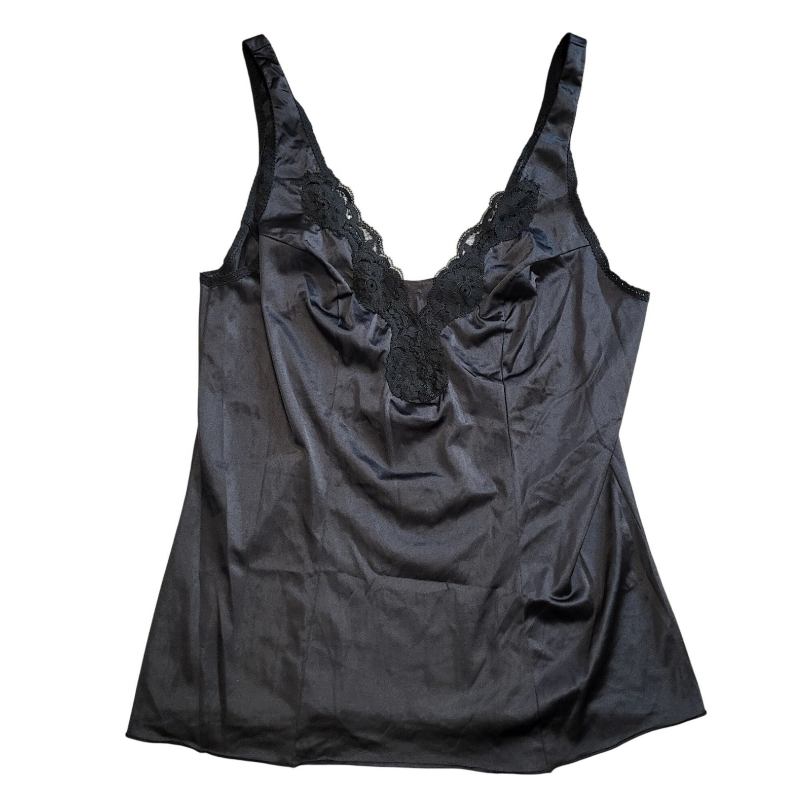 Vassarette Vintage Black Lace Trim Cami Top Antron Goth Dark Romantic Small 36