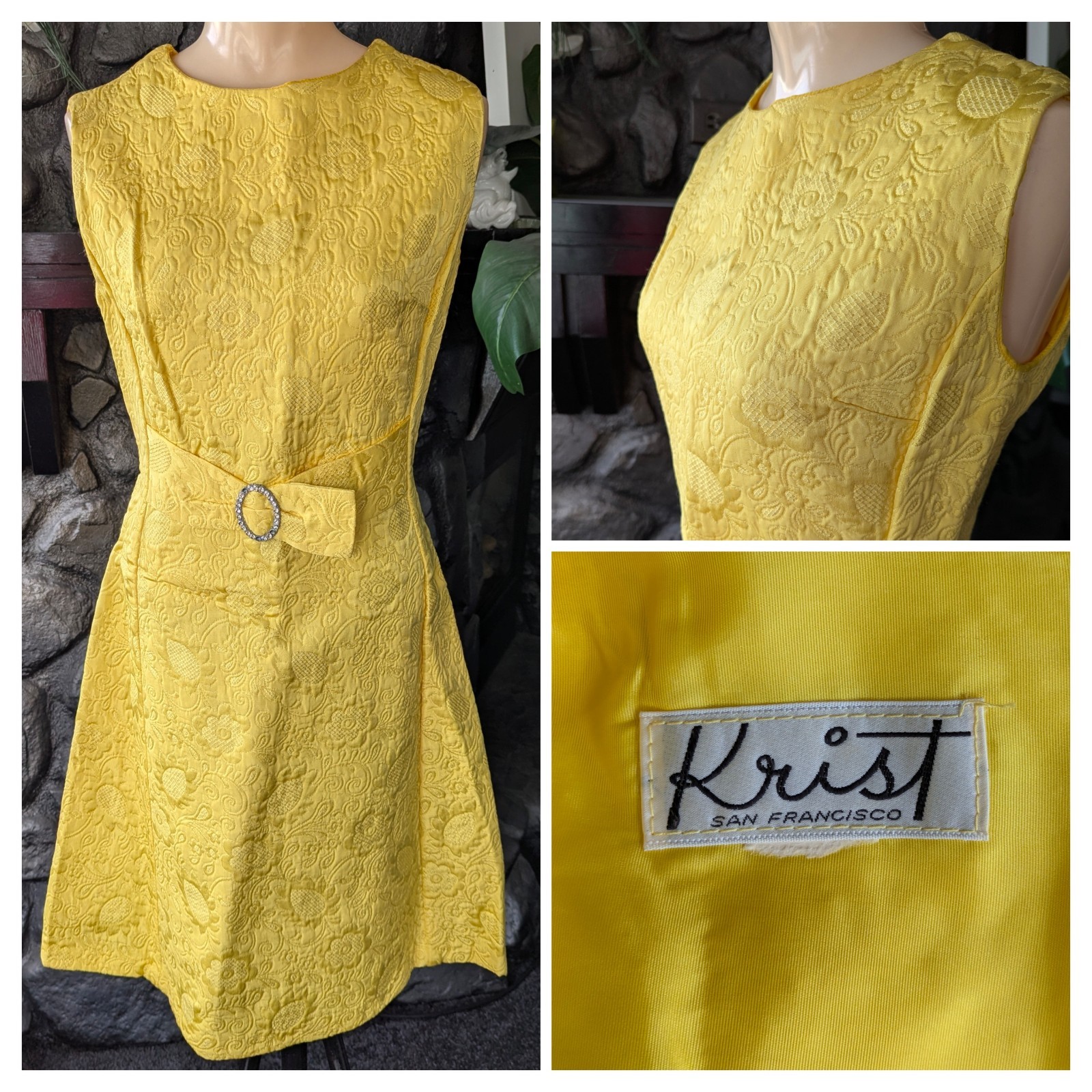 Vtg Krist San Francisco 60s Yellow Brocade Sheath Cocktail Dress Sprting Summer