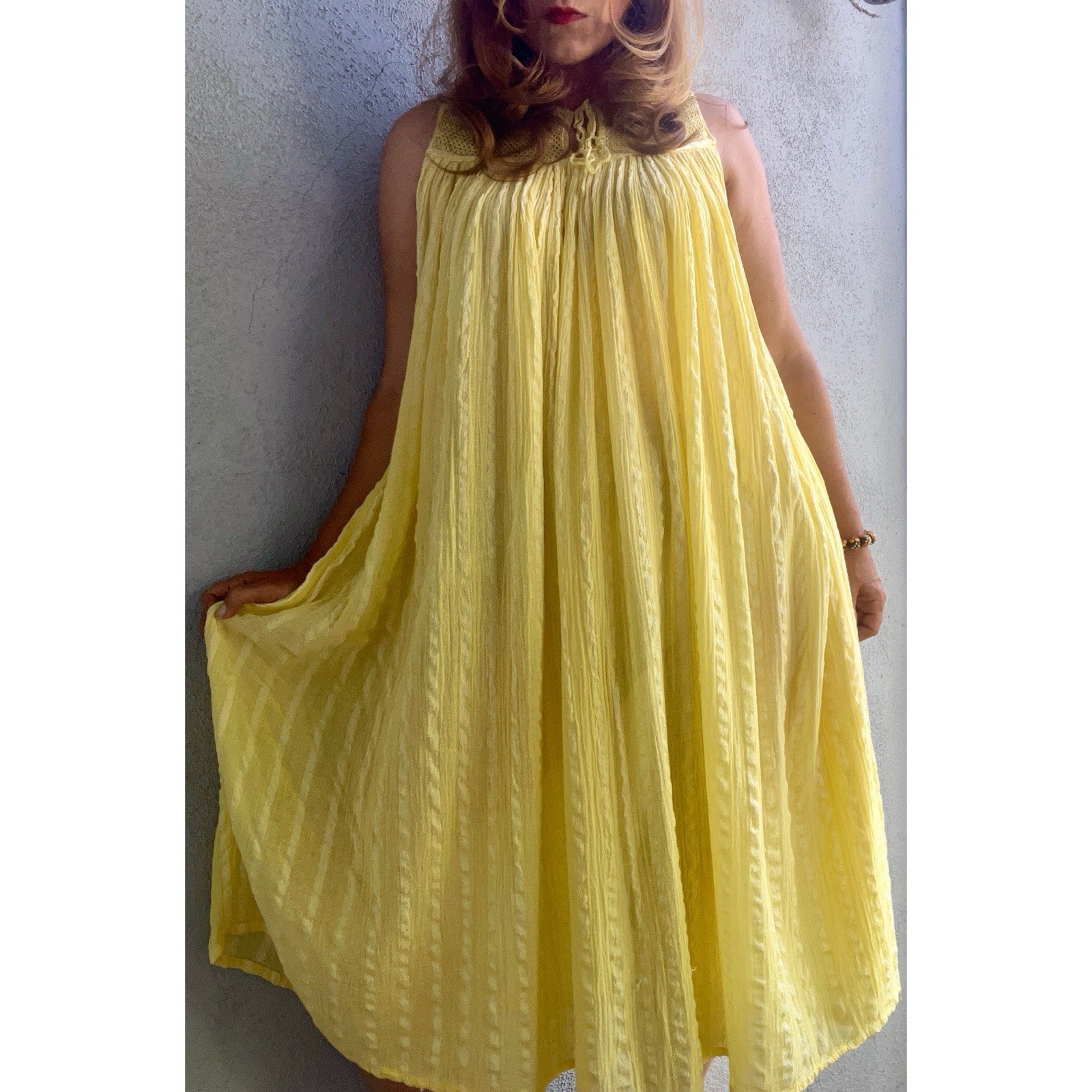 Vintage 70s Modus Vivendi Greece Yellow Cotton Gauze Crochet Boho Tent Dress OS