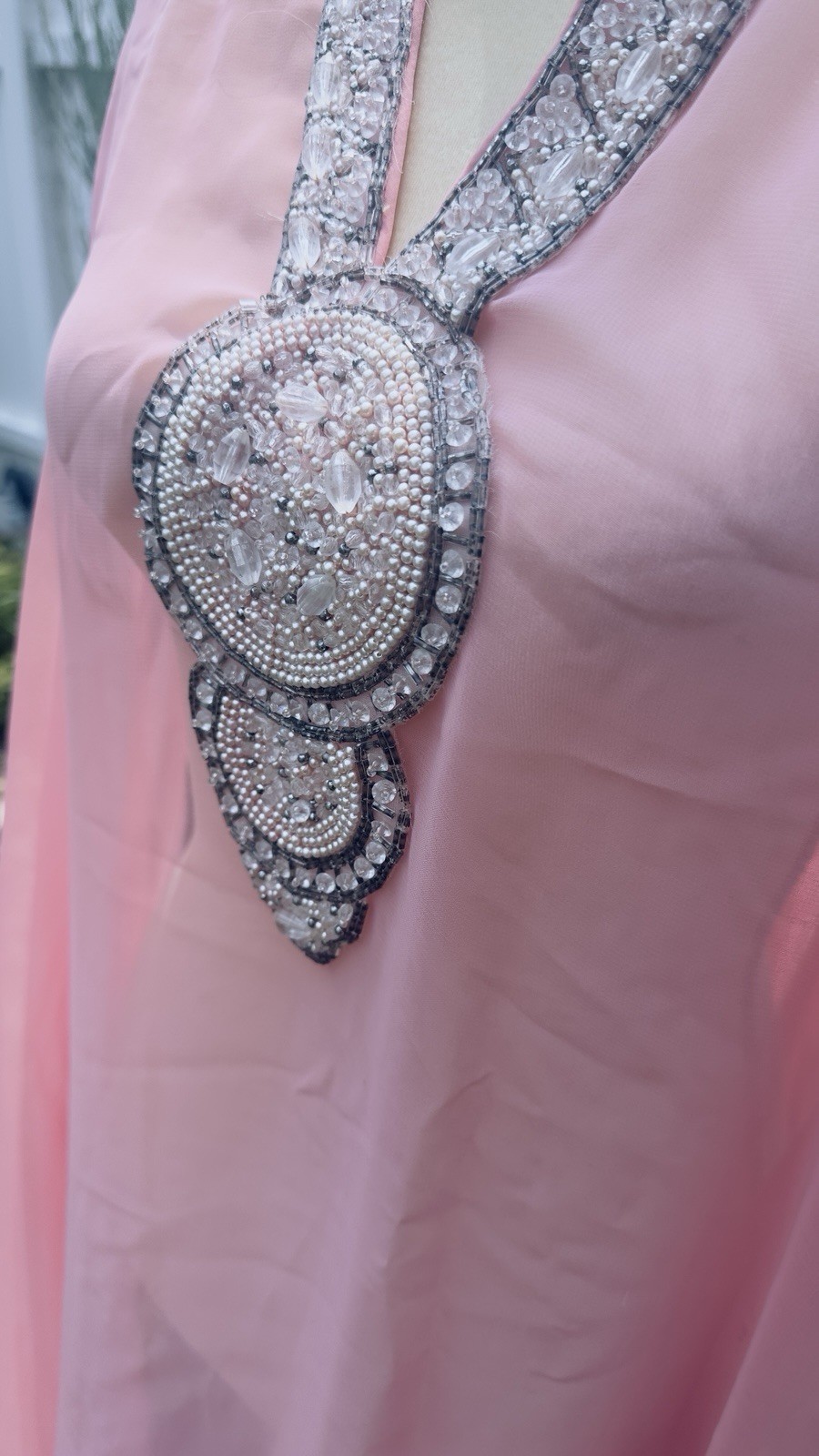 Vintage Hand-Beaded Chiffon Caftan | Blush Pink | 52” Length | 1960’s Glam