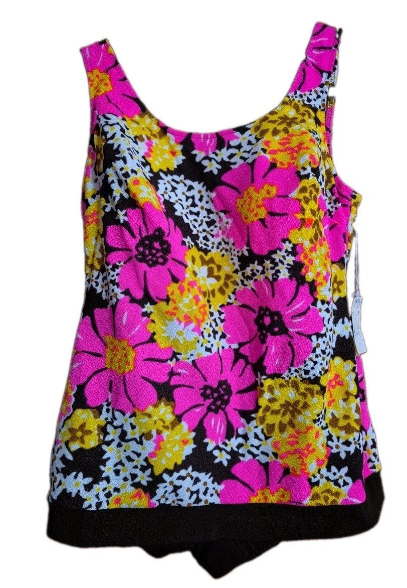 VINTAGE PSYCHEDELIC MOD FLORAL WOMENS 2 PC SWIMSUIT BATHING SUIT SZ 14/36-NEW!!