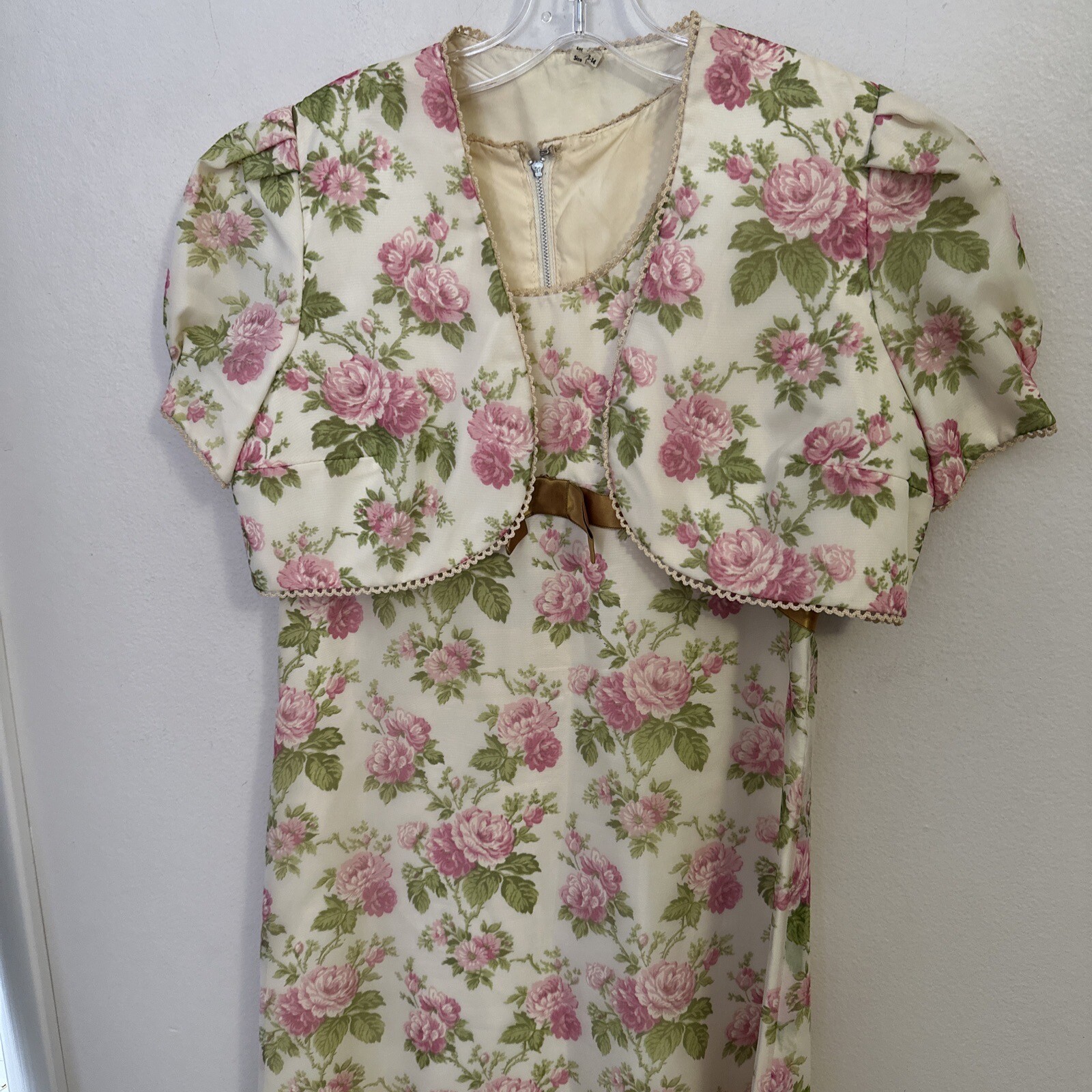 2 Pc vtg floral Rose 60/70s maxi dress womens High Waist Crop Jacket Fully Lined