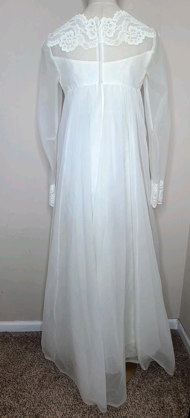 Vintage Union Made 60s Prairie Lace Sequin Empire Waist Wedding Dress Ivory