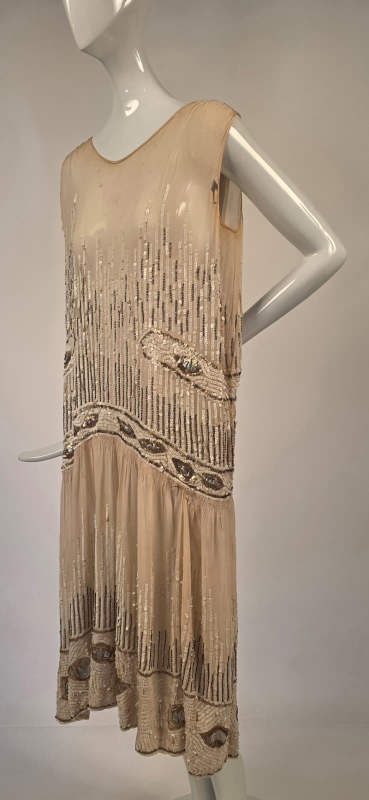 FRENCH COUTURE FLAPPER 1920’S SILK CHIFFON DRESS W SEQUINS + BEADS + SILVER LAME