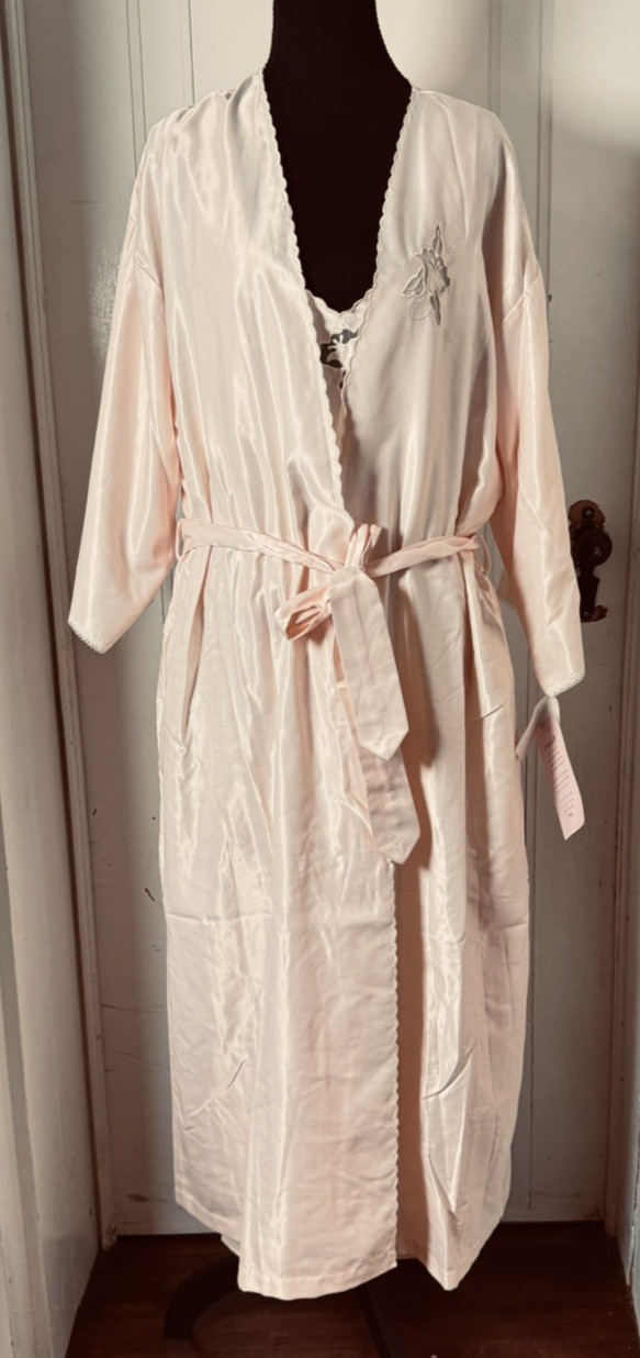 Vintage Barbizon Peach Robe & Nightgown Set NWT L Satin Lace Trim 80s Boudoir