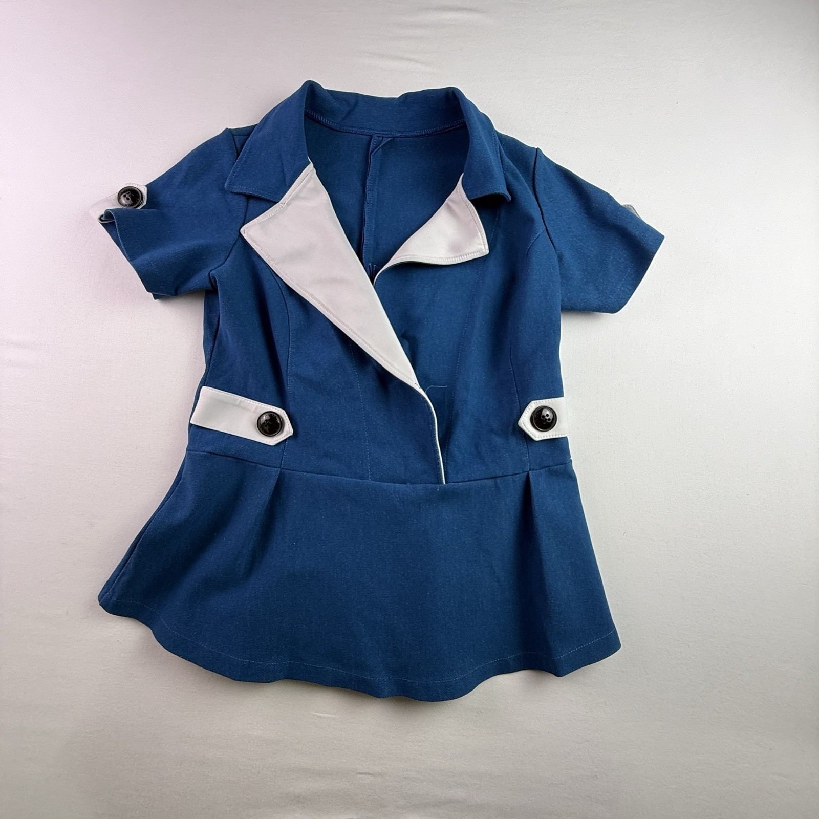 Vintage Women’s Blue Peplum Blazer Top White Lapel Retro Y2K Uniform Style Small