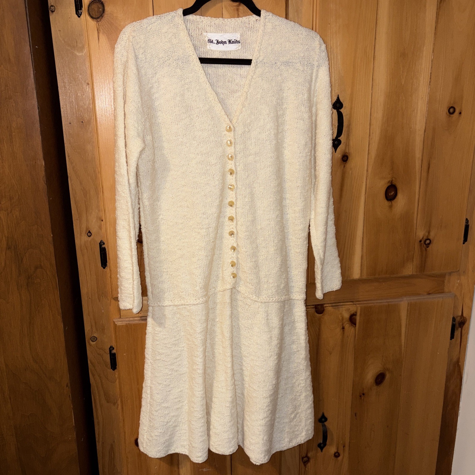 Vintage St John Knits Dress Sweater Set Size S/M 70s Creamy Beige Crocheted