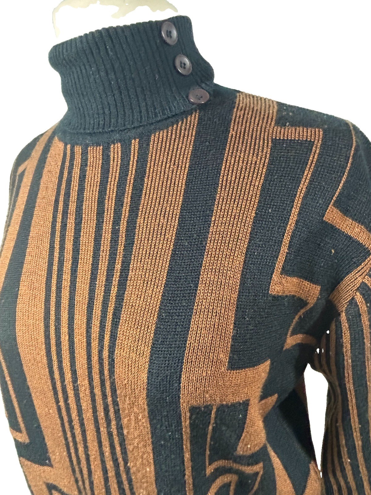 VTG Ackermann Art Deco Sweater Brown Black Geometric Knit Mock Neck Womens Sz 42