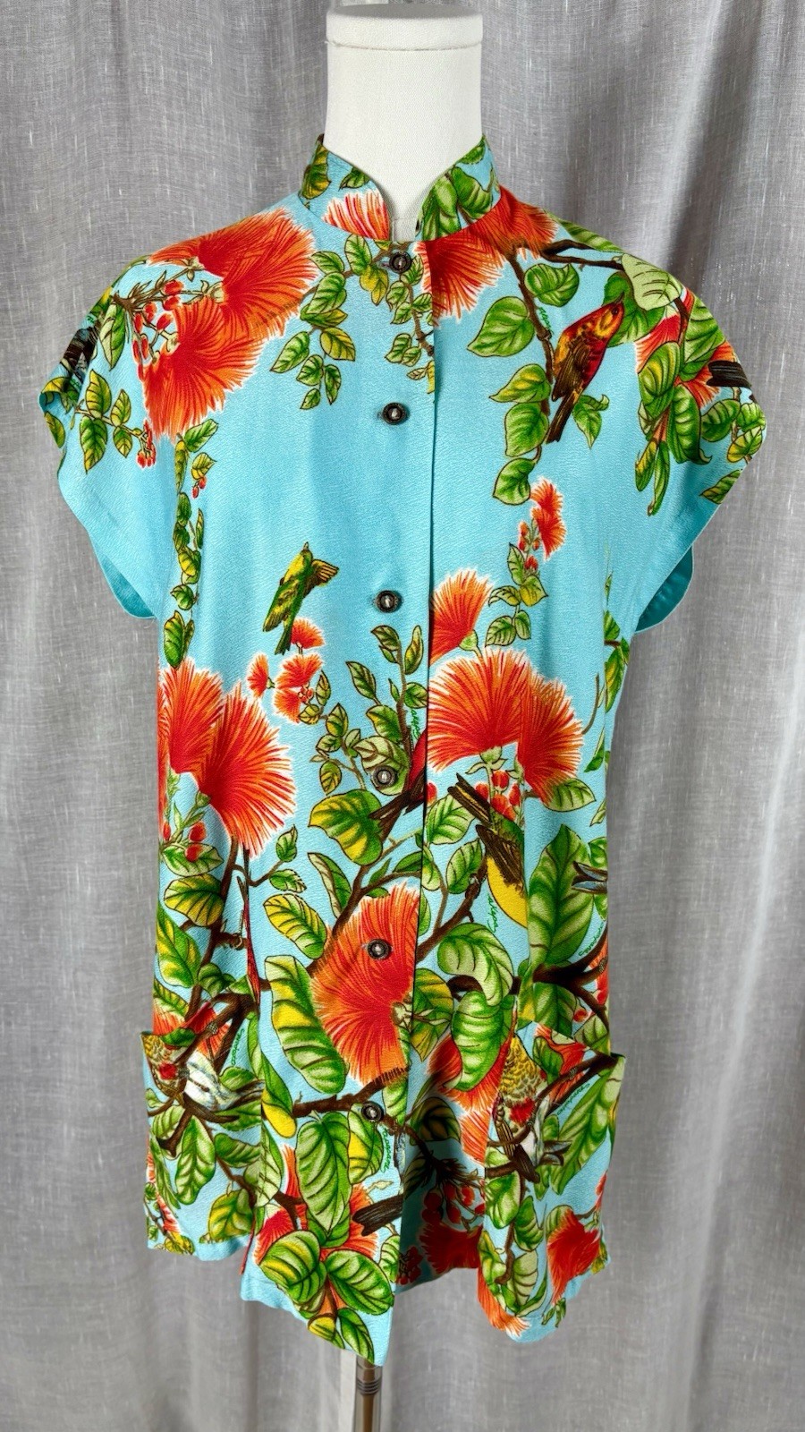 Vintage 60s Elsie Krassas Hawaiian Dress Shirt Barkcloth Tiki O Tea Timer M L