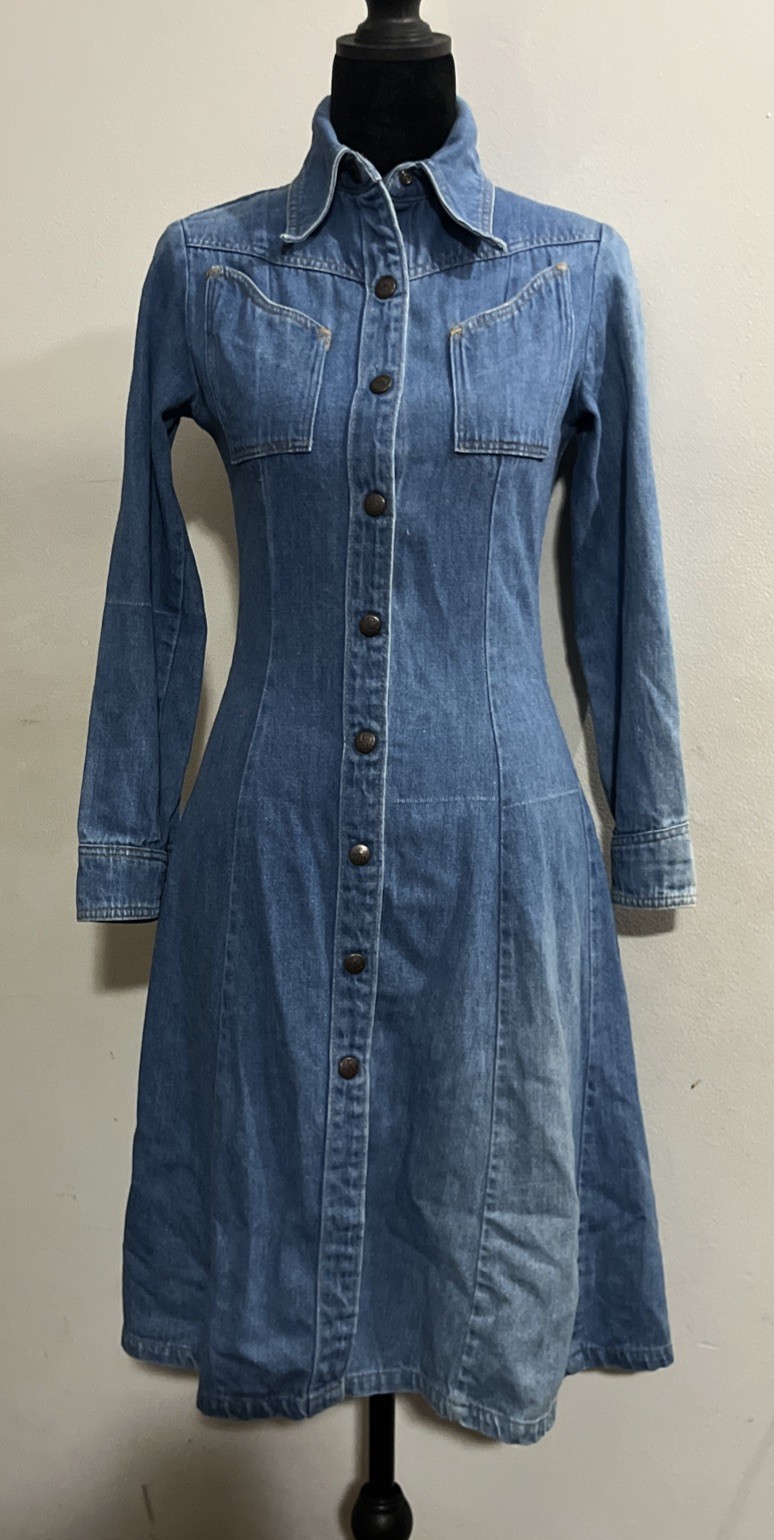 VTG 70s Landlubber Denim Jacket Dress Western Size 3 XS Made in USA Blue Jean