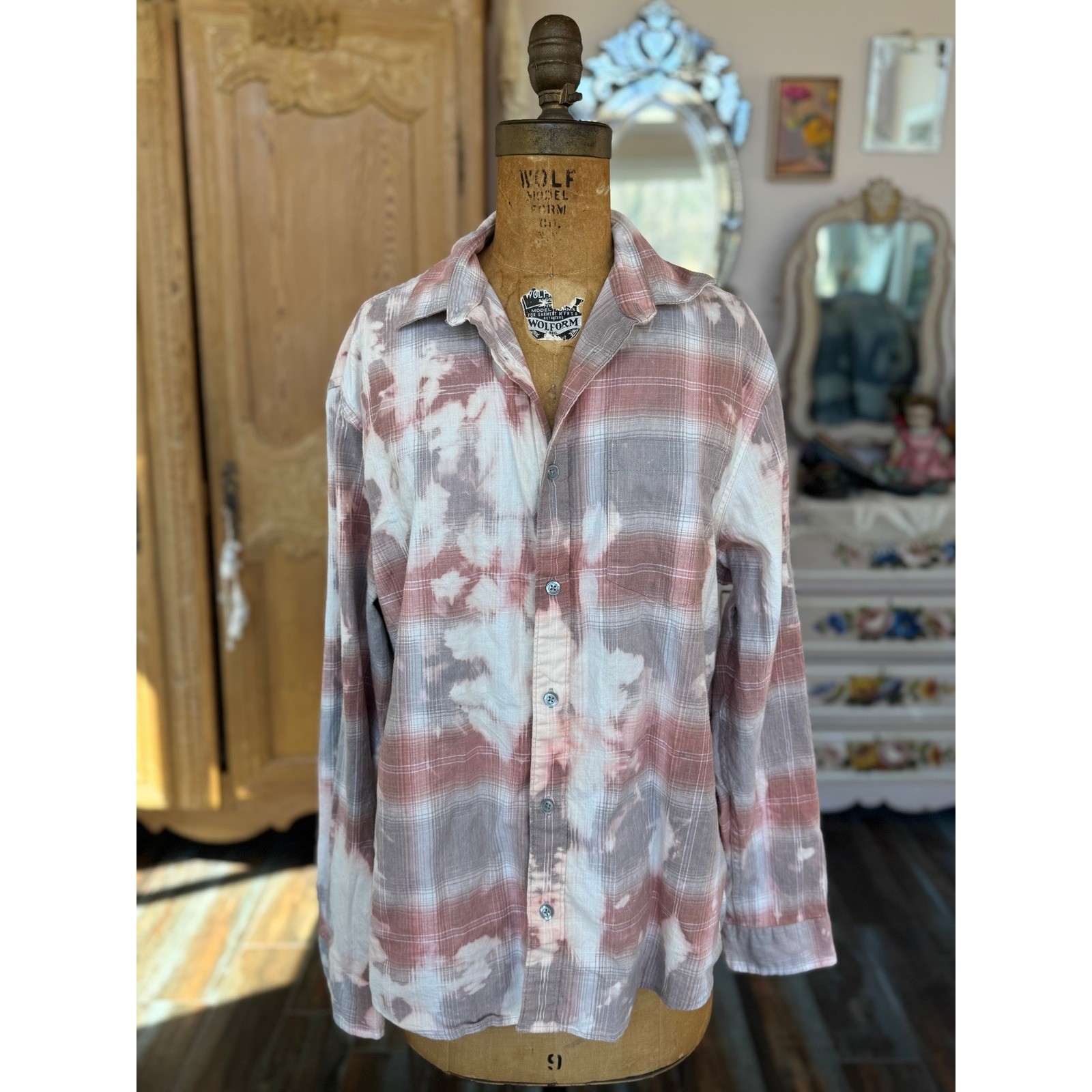 Upcycled Angel Patch Flannel Shirt Boho Folk Art Bleached Large