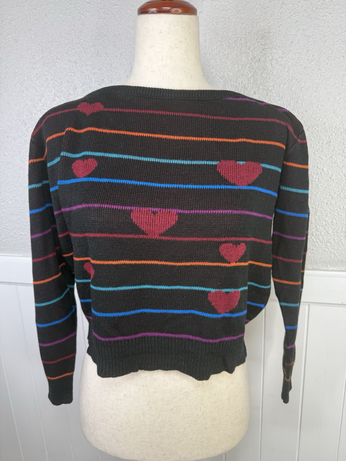 Vtg 80s 90s Sz L Cropped Sweater Hearts Striped Retro Kidcore Indie Hipster