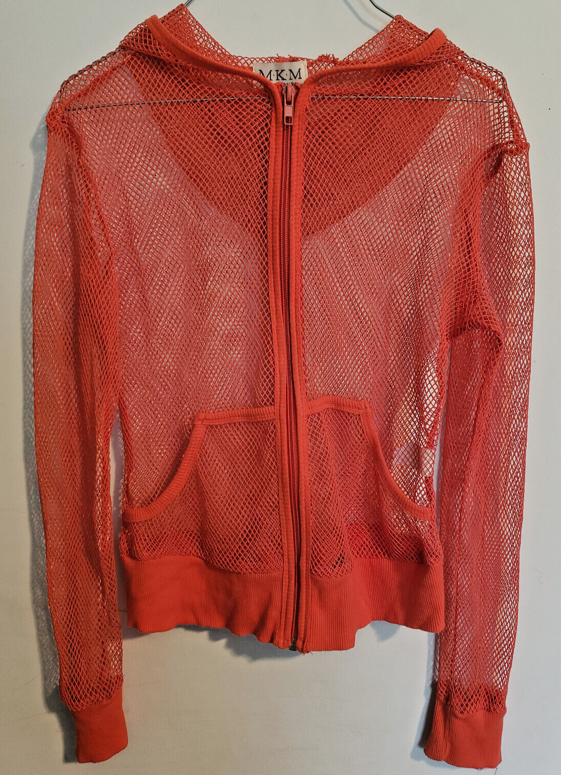 Vtg MKM Designs Orange Fishnet zipper Hoodie LONG SLEEVE sz small