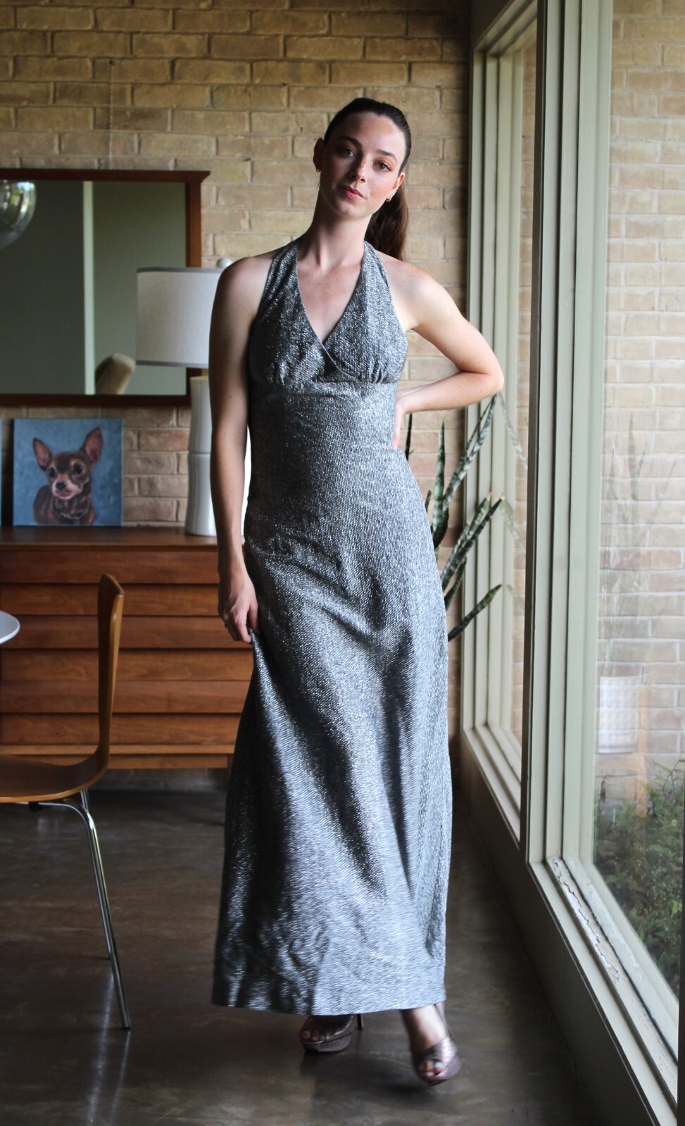 Vtg 60s 70s Young T Halter Maxi Dress XS/S Women Silver Lame&rsquo;