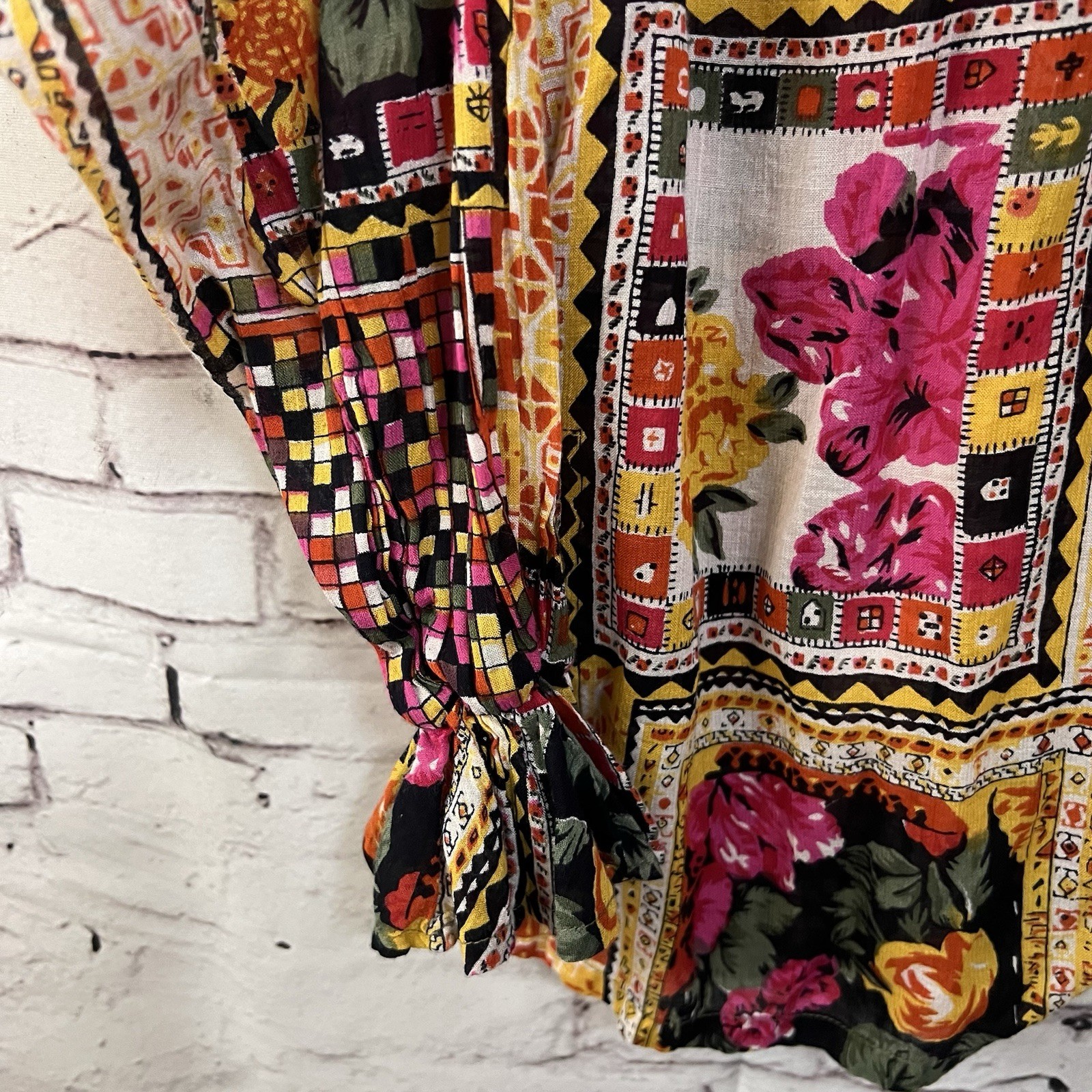 Vintage Gitano Blouse M Patchwork Floral Ruffle Collar Rayon Cotton 80s 90s Top