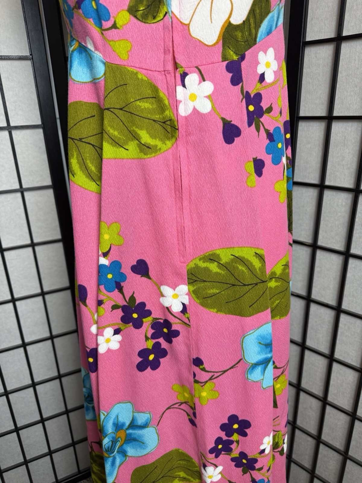 VTG 60s Ui-Maikai Hawaiian Pink Floral Barkcloth Maxi Dress Resort Tiki Luau