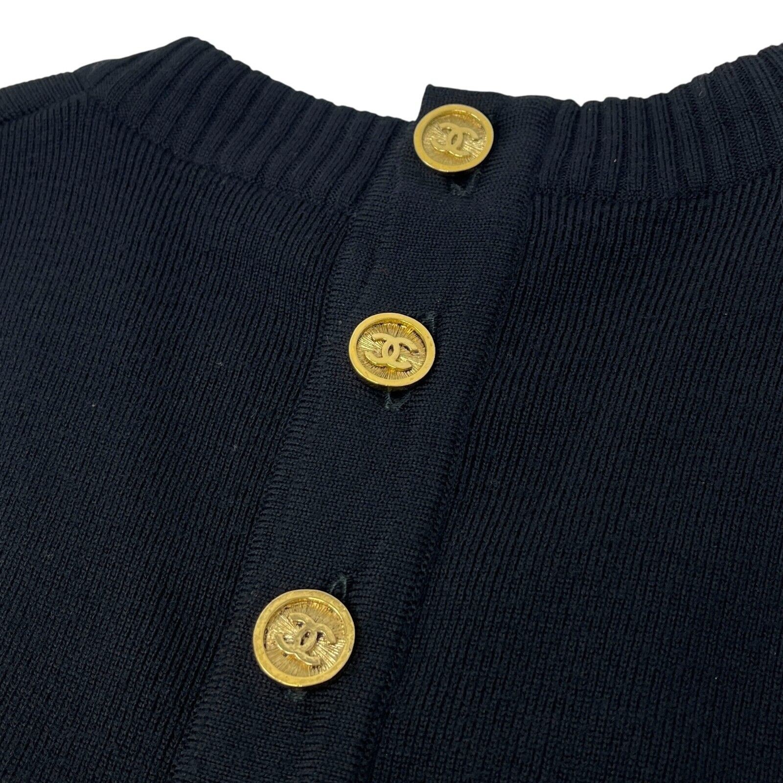 CHANEL Vintage CC Mark Logo Knit Jumpsuit Rompers Sleeveless Button Black 105312