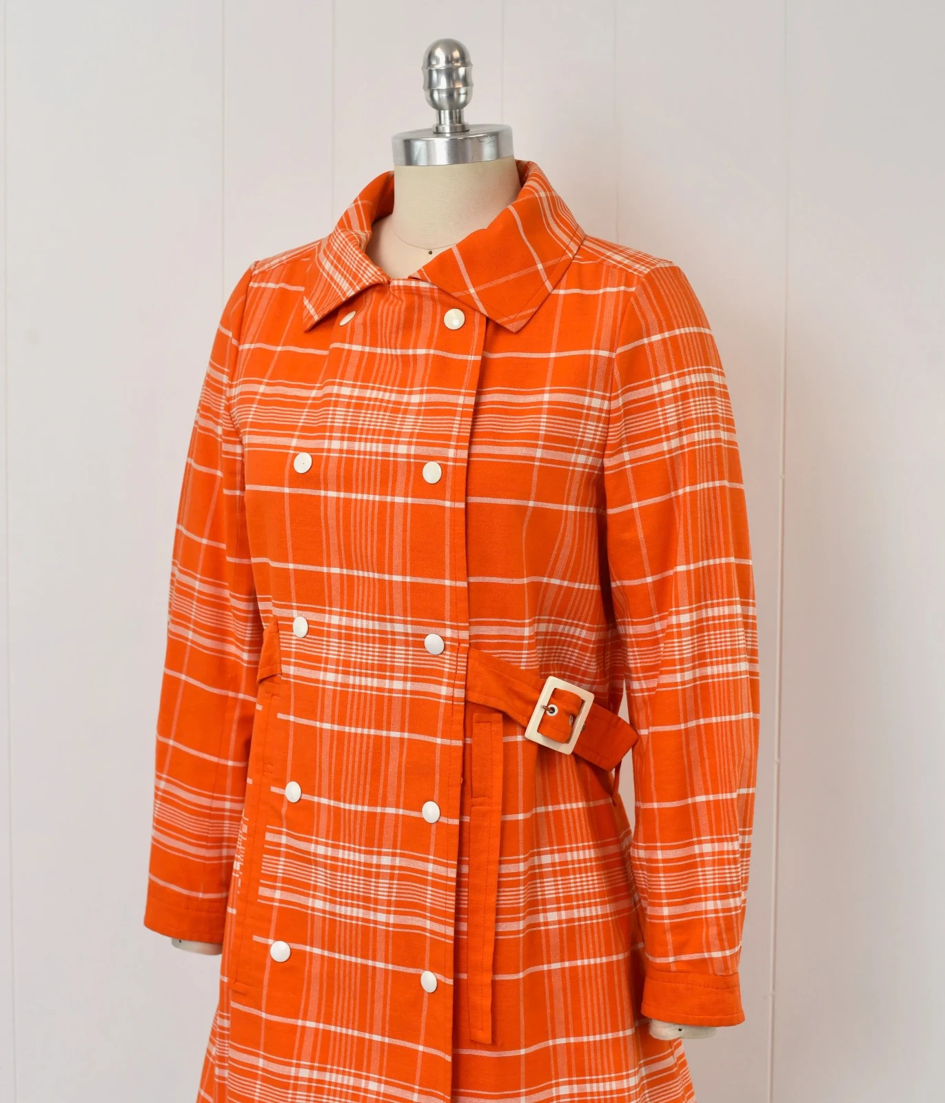 1970s Courreges Hyperbole Orange White Plaid Cotton Coat Jacket Dress