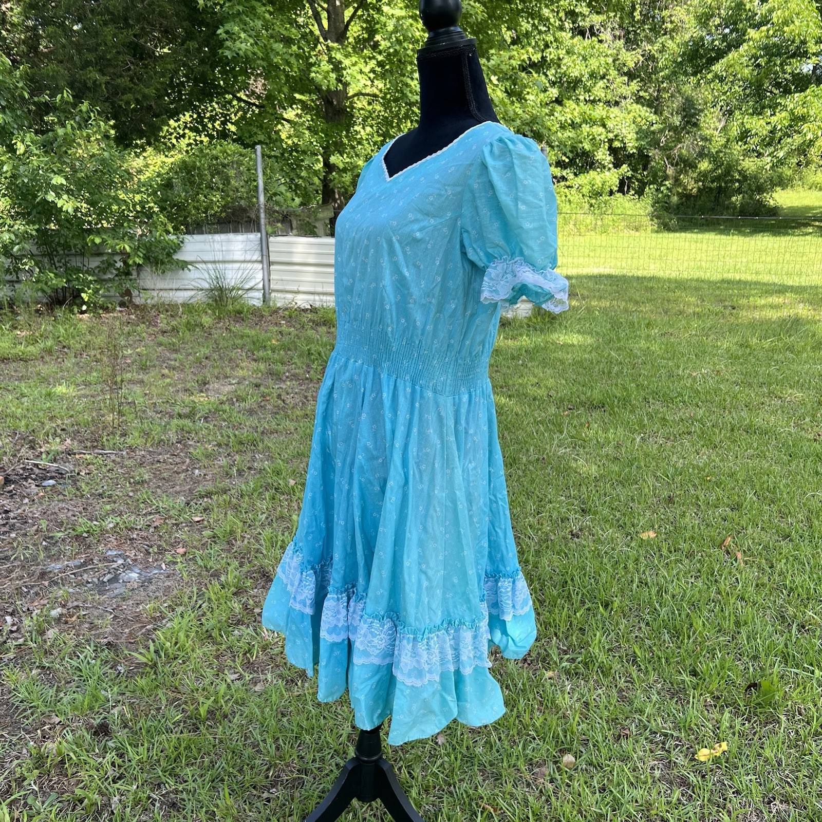 Vintage Partners Please Malco Modes Square Dance Dress Floral Blue Lace Size 14