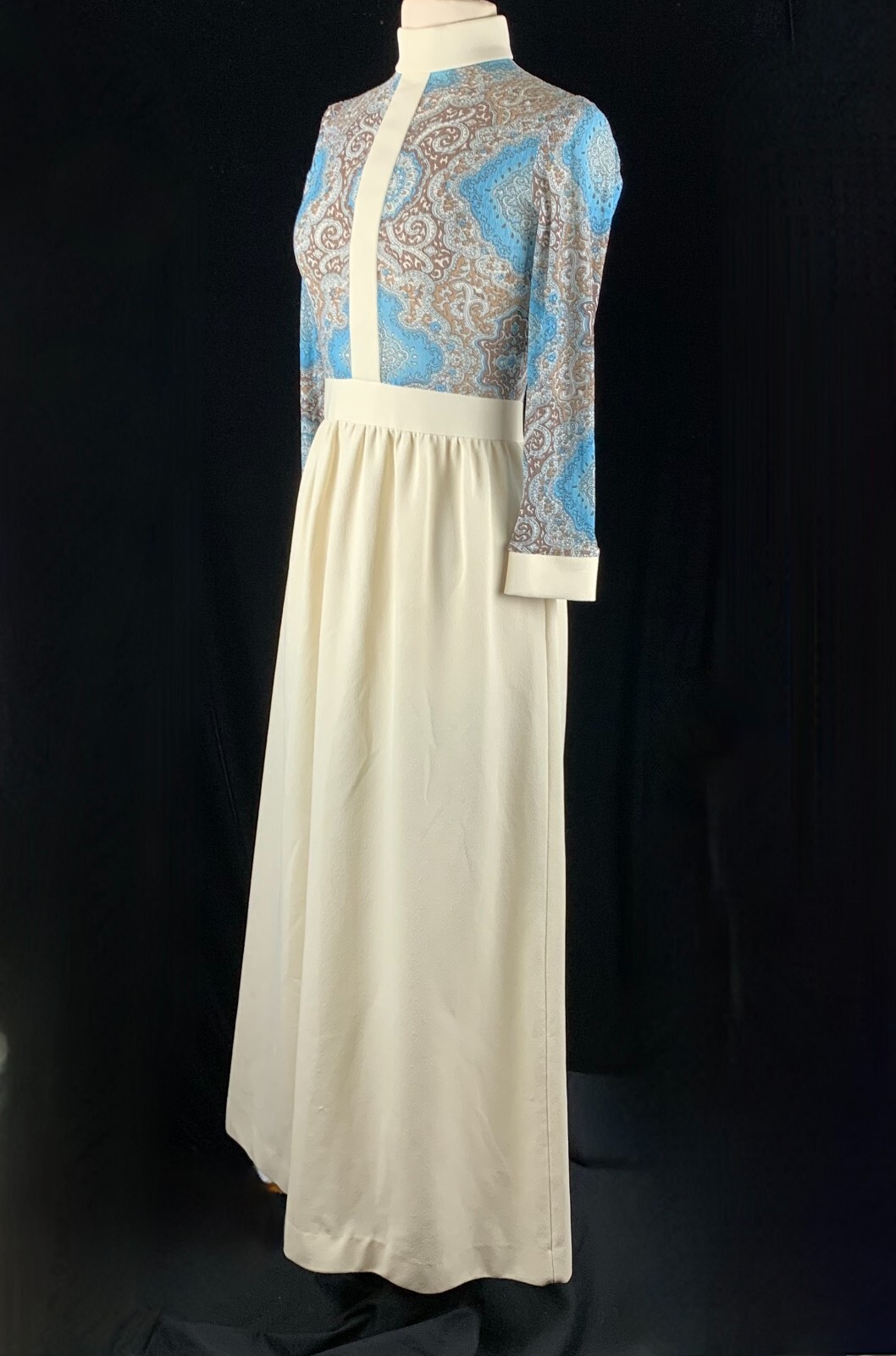 Sears 1970s Poly Double Knit Maxi Dress S Blue Lace Gathered Skirt Excellent