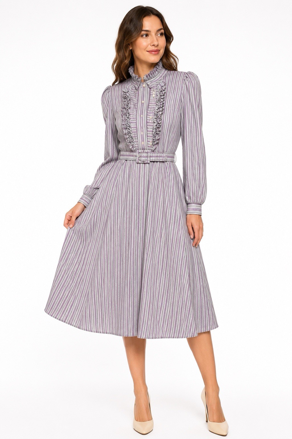 Vintage 80s Secretary Dress Ruffle Striped Purple Gray Belted XS/S