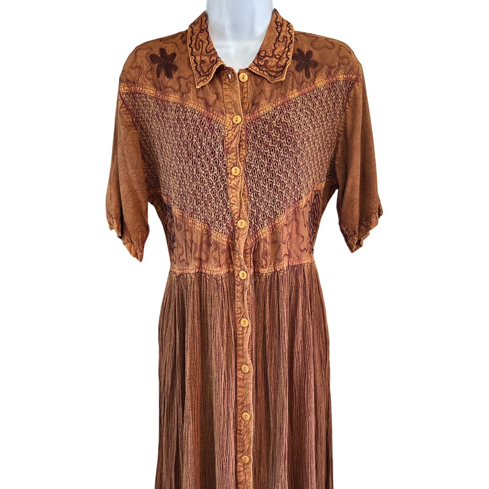 90s M.P.H. Maxi Dress Bohemian Western Earthy Brown Embroidered Button Front L