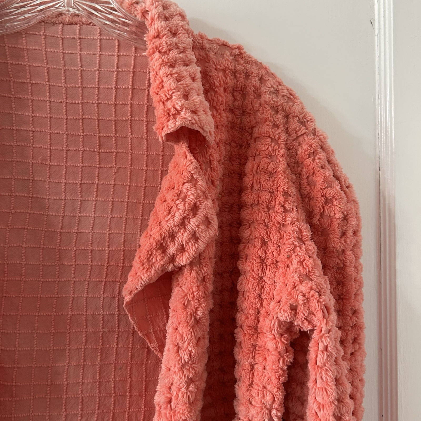 Vintage Coral Pink Chenille Jacket Coat Blazer With Waist Tie