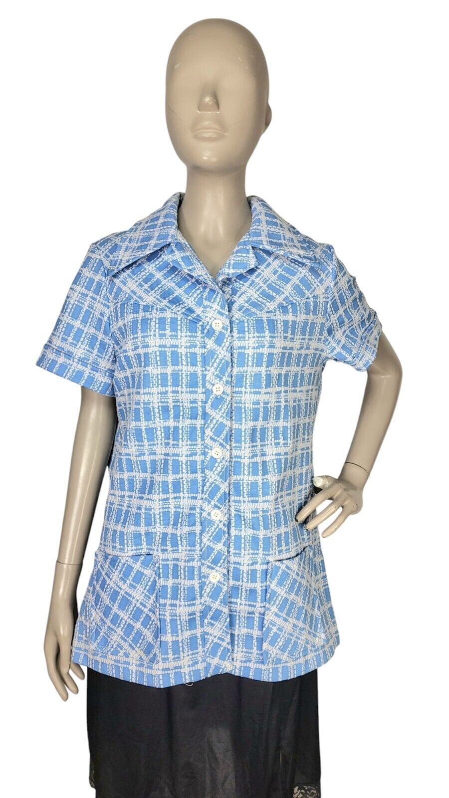 Vintage 60s MOD Blue White Plaid Button-Down Collared Smock Top Women&rsquo;s S/M/L