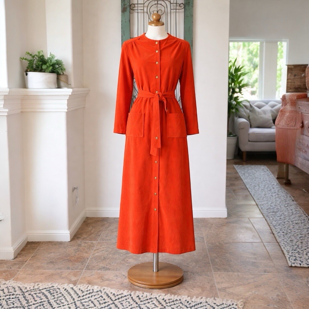 Vintage 1970s Stan Herman Lounge World Orange Velour Button Front Maxi Dress 8.