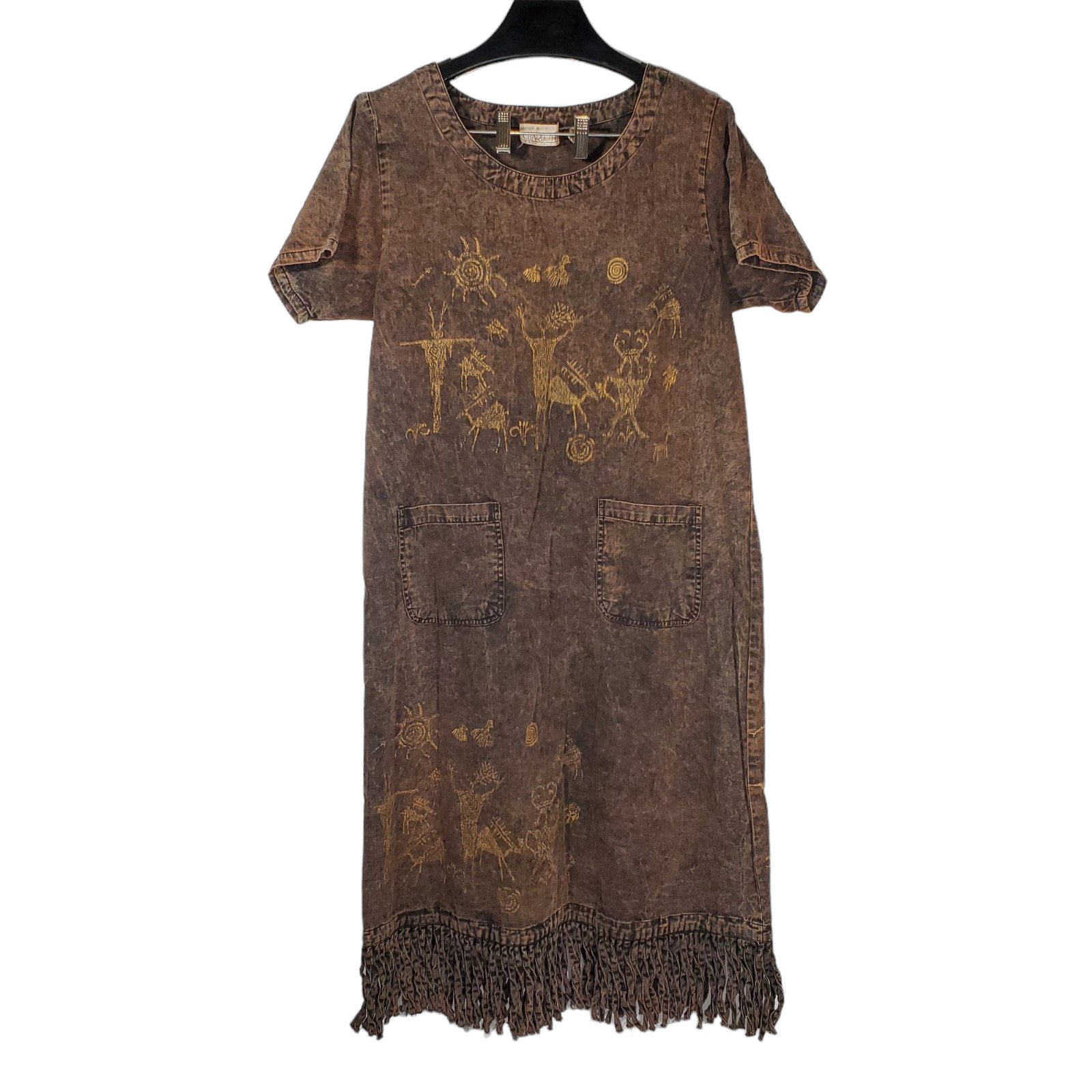 VTG Charlotte Tribe Scene T-Shirt Dress Sz L Copper Brown Acid-Wash Denim Fringe