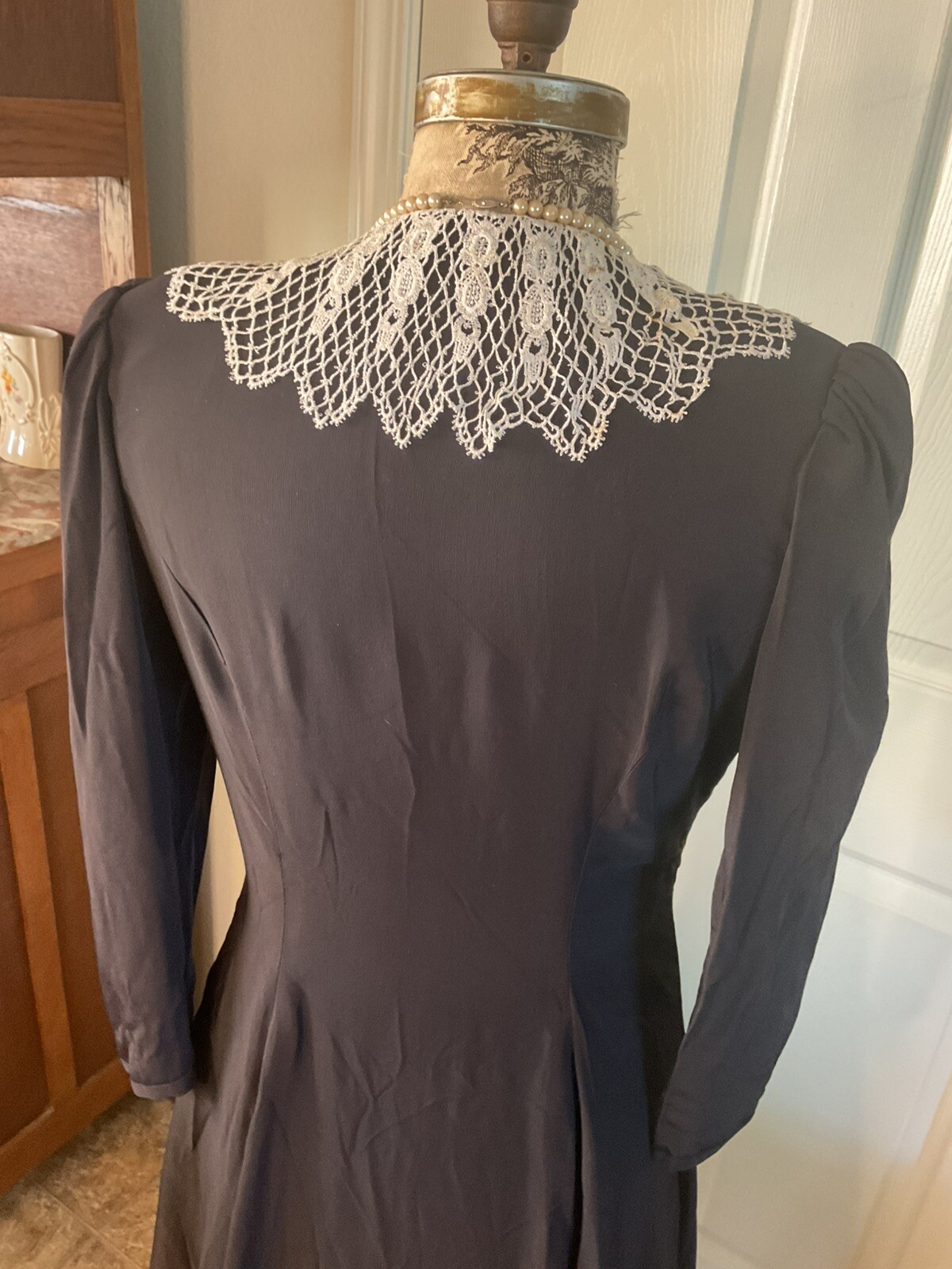 Vintage Classic 1940-1950 Black FAILLE Fit Flare Ginsberg TATTED Crochet Dress