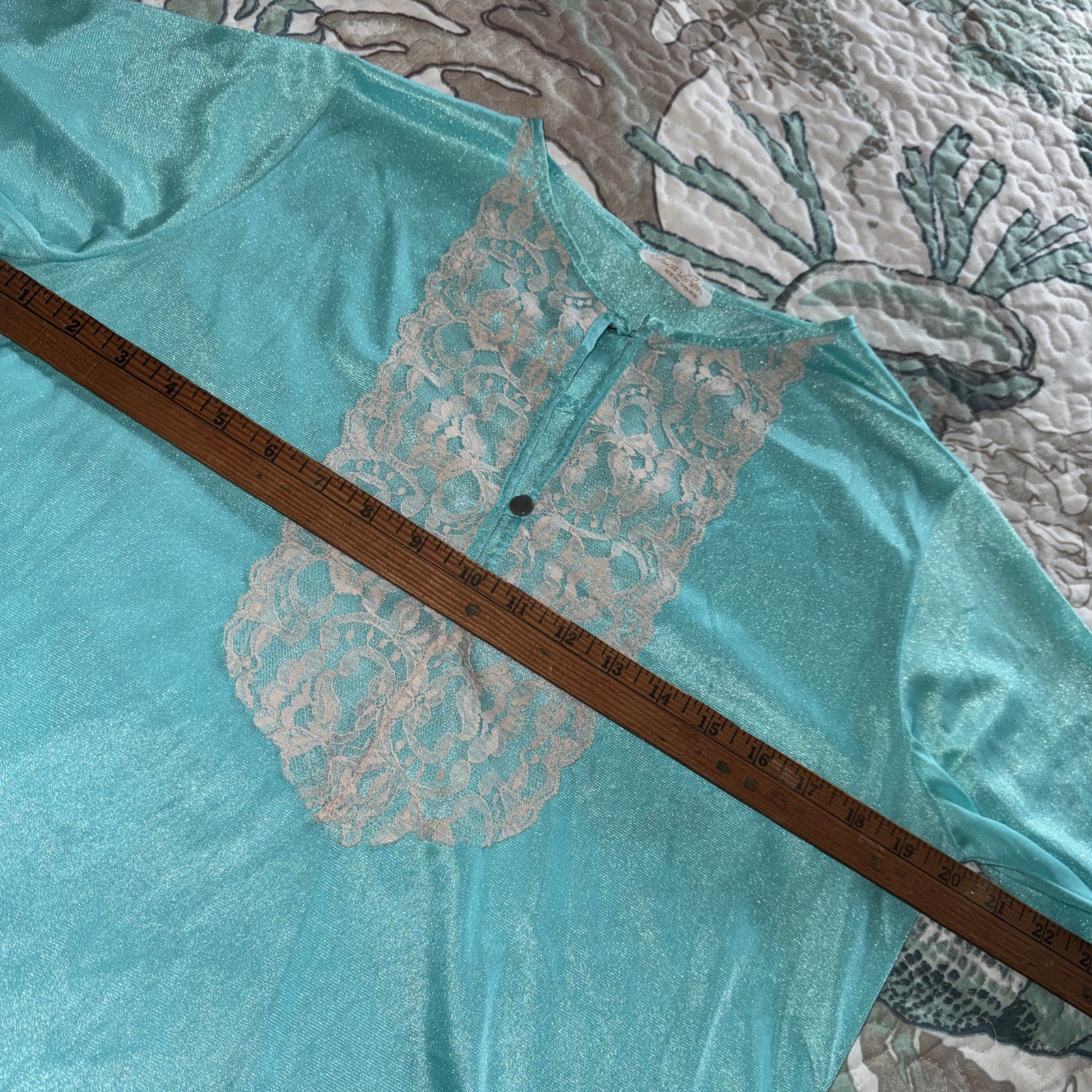 ERICA LOREN Vtg 1970s NYLON Pajama Set AQUA Blue Lace Trim SMALL Boho