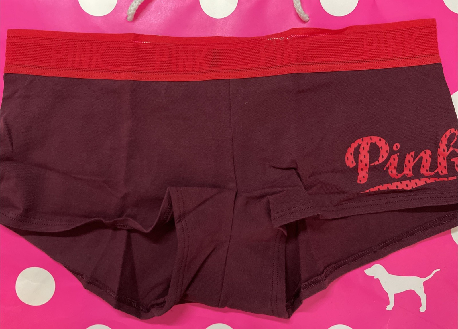 2015 Victoria Secret PINK Vintage Lace Waist Boyshort Panties M Logo Burgundy