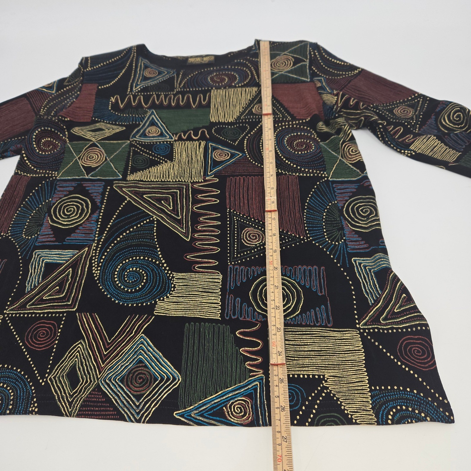 Marshall-Rousso Top M Black Geometric Abstract Vintage Artsy Resort Going Out