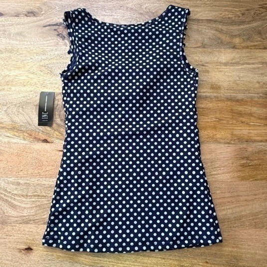 Vtg INC Polka Dot 2Pc Tank & Tiered Mini Skirt Navy Blue Ivory Ruffle Mesh S/M