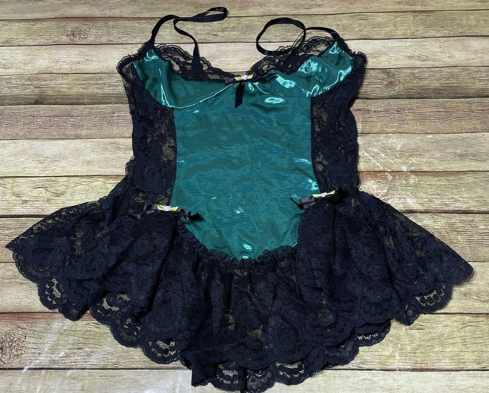 Pandora Kelly Green Black Ruffle Lace Bow Lingerie Size Small USA Vintage 90&rsquo;s