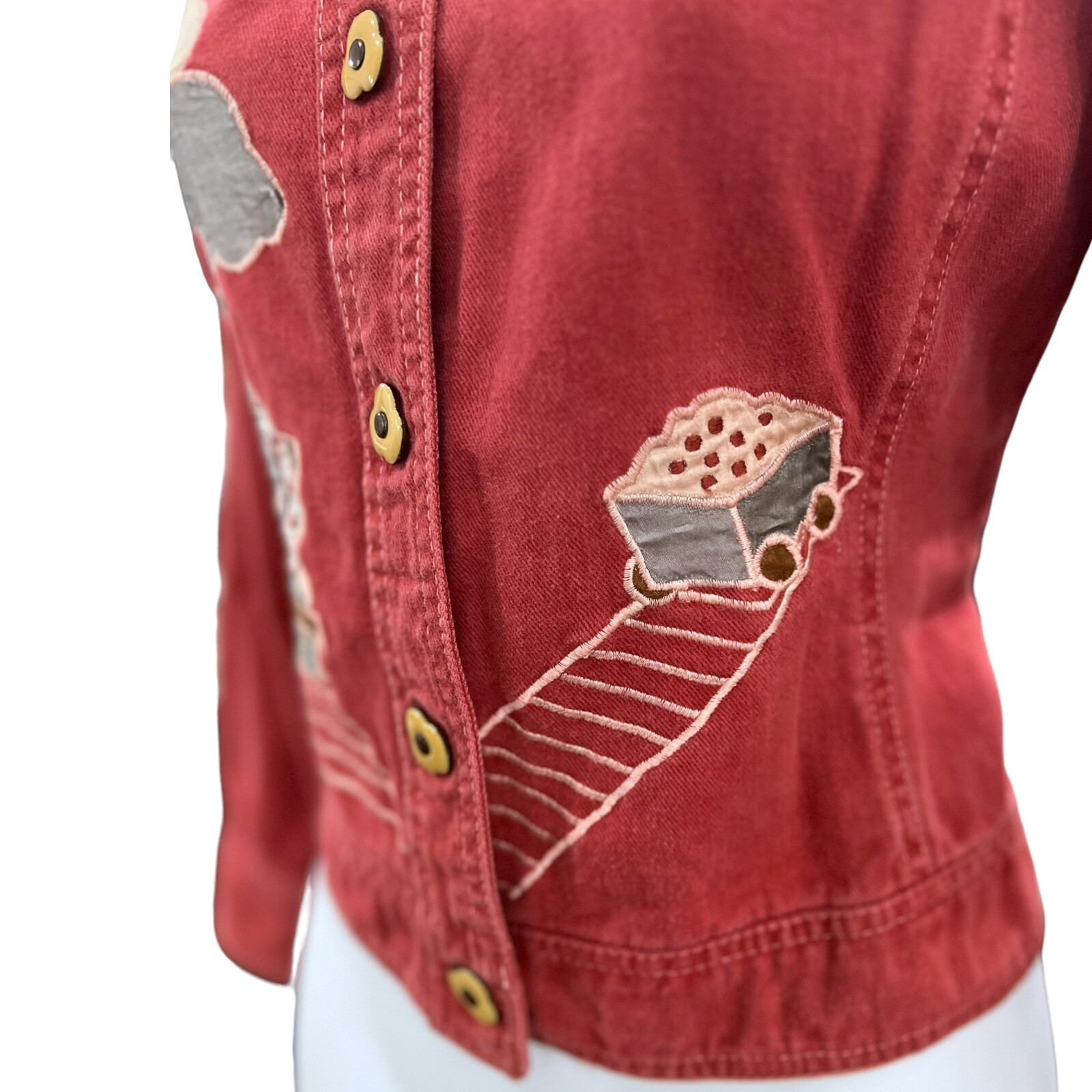 1970s Roncelli Denim Jacket Novelty Train Appliqué Vintage Top Wearable Art Sz S