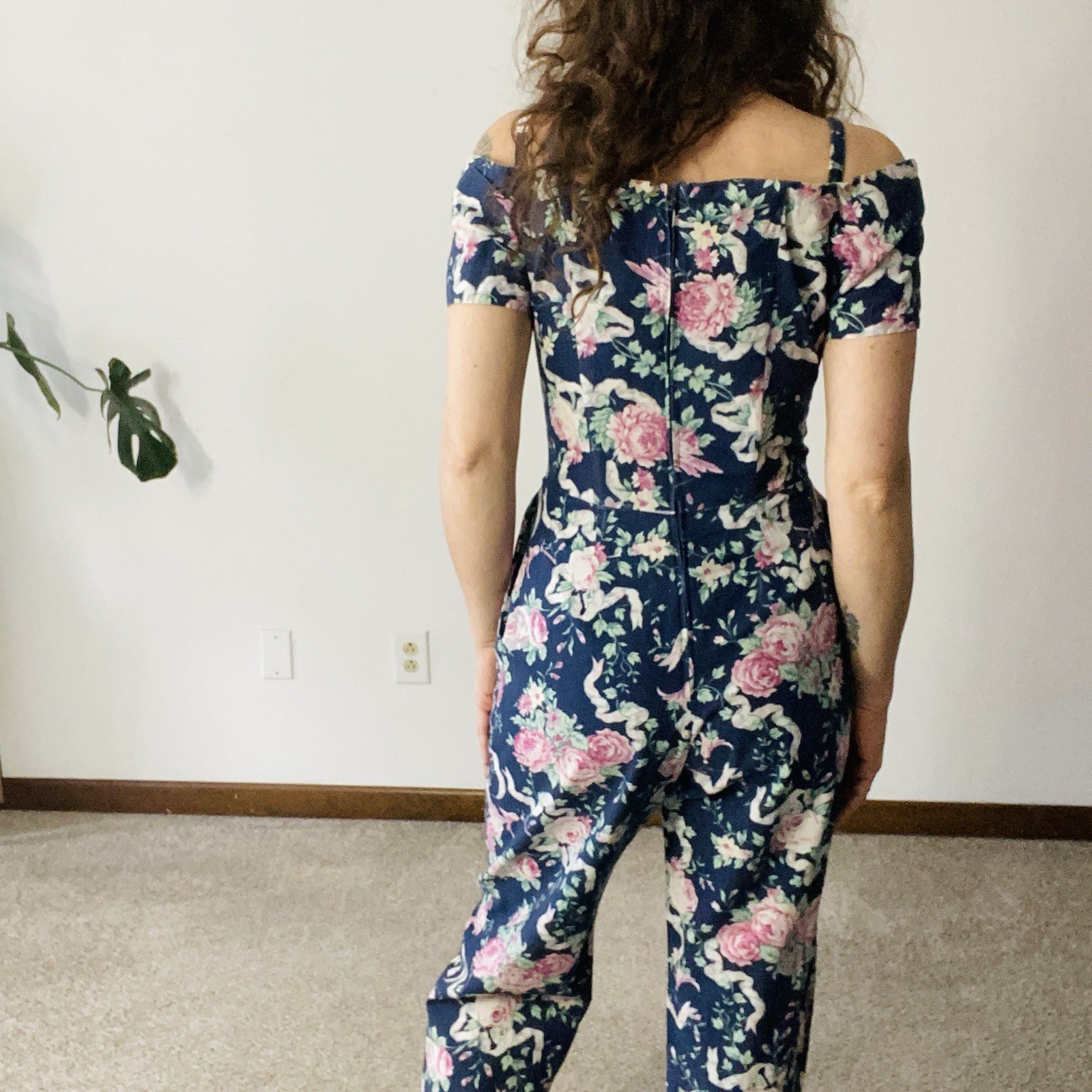 VINTAGE BENSON & SMITH Floral Off Shoulder Jumpsuit Size Small Petite 80s 90s