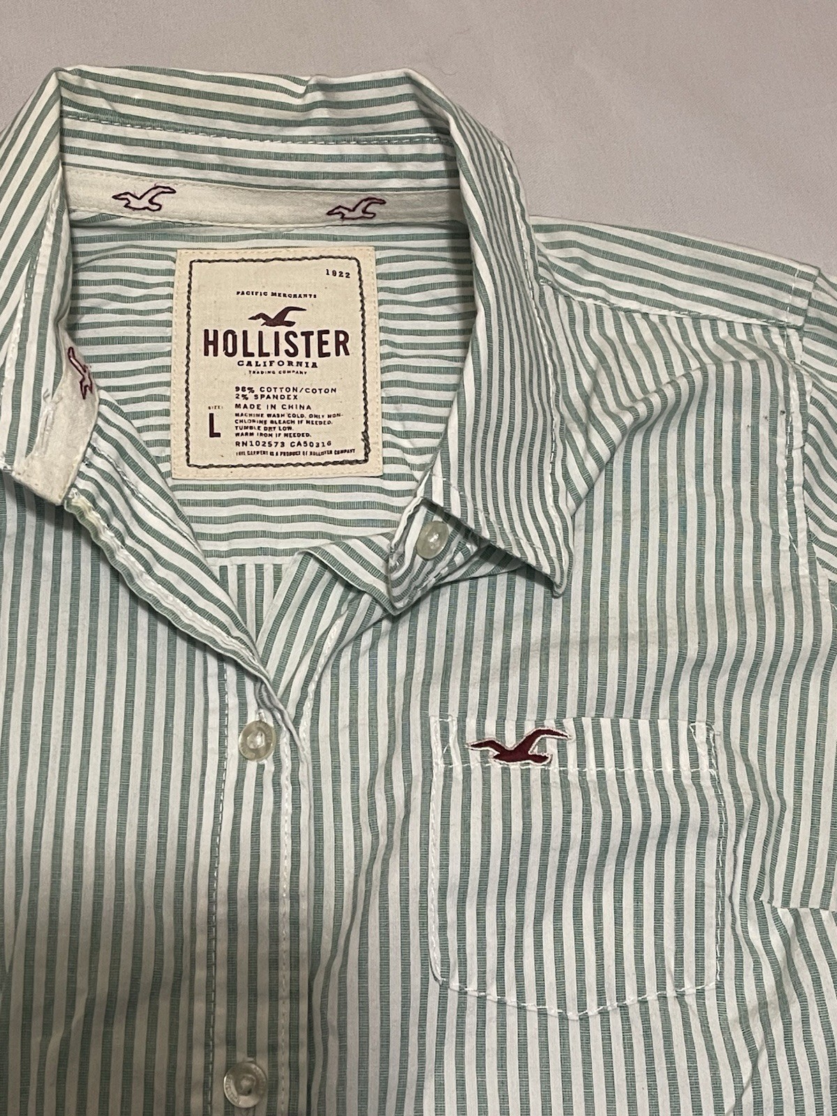 Hollister Striped Button Up Shirt Green White Y2K Preppy Womens Large