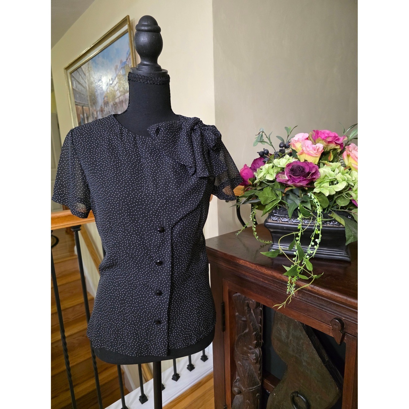 Bettie Page Black Polka Dot Ruffle Short-Sleeve Blouse