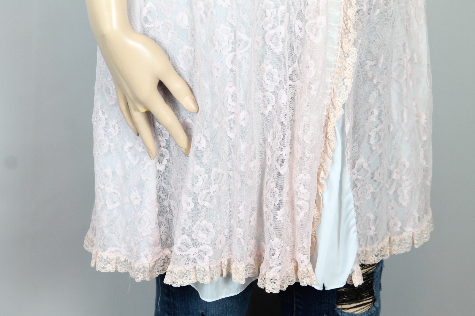Vtg ODETTE BARSA Blue Pink Ruffles Layered Lace Bed Jacket Dress Robe S